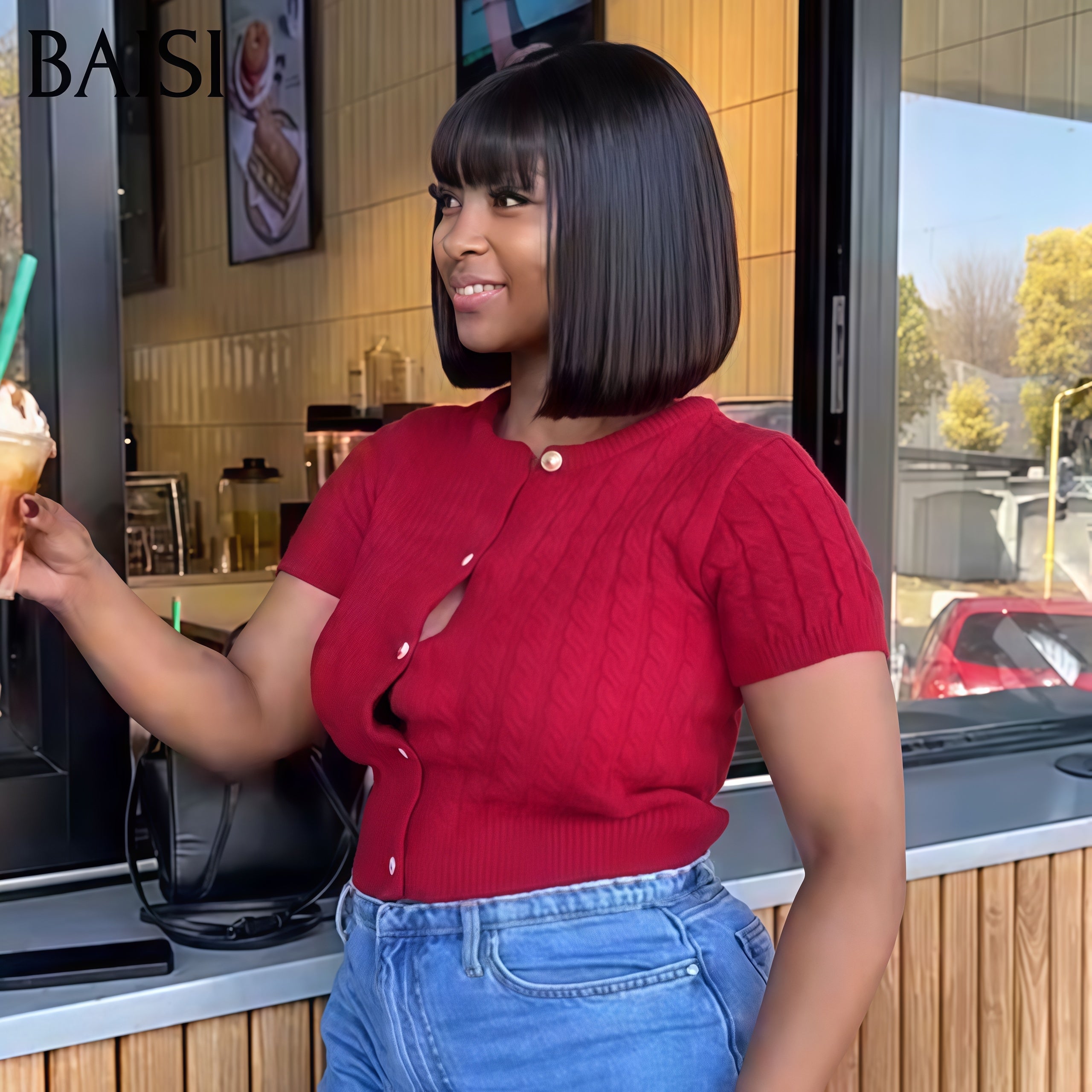 BAISI 8 pouce 66€ 15A SDD BONE STRAIGHT Lisse bob sans lace avec frange Perruques de Luxe bouclé bob A1 Fabriquées par les cheveux double drawn