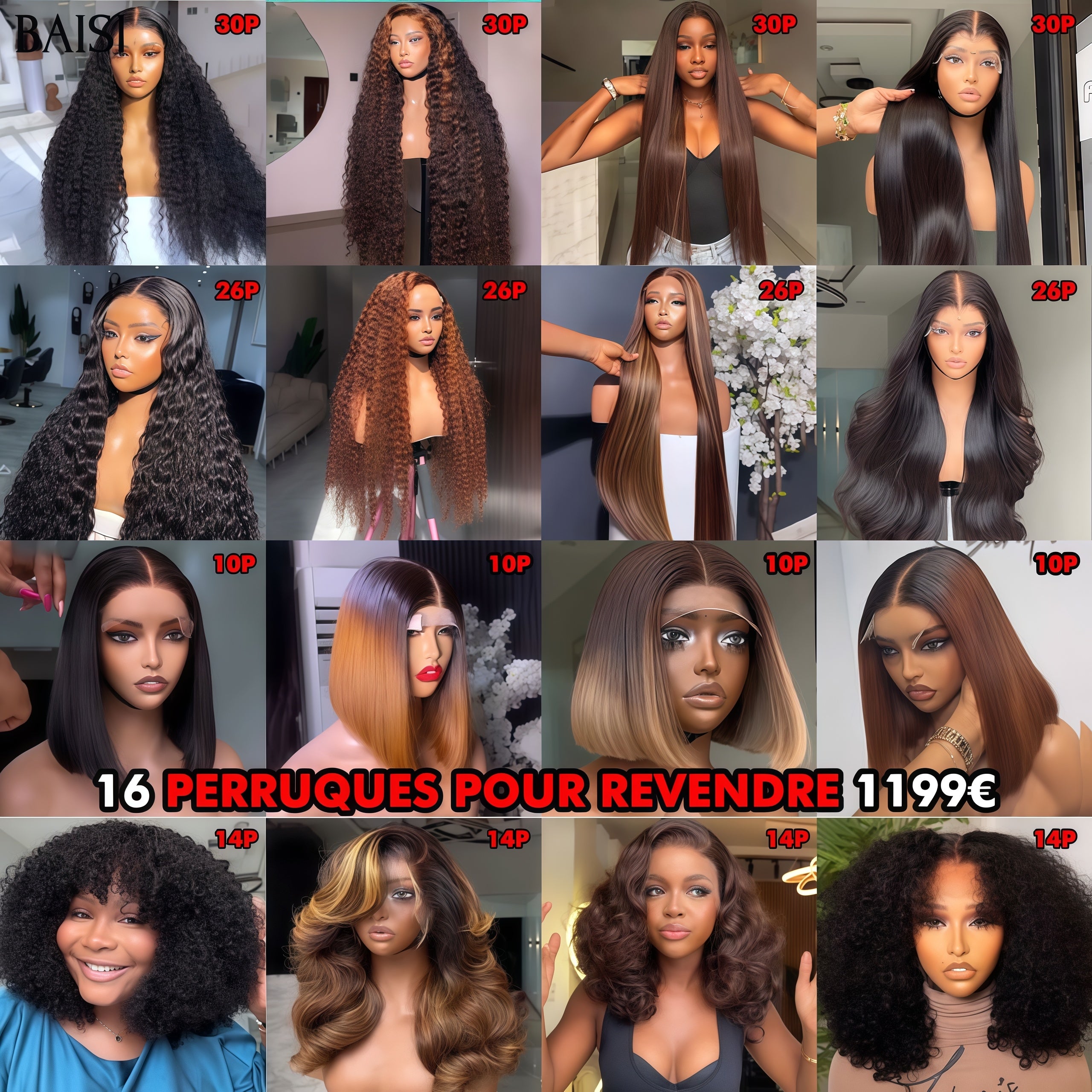 BAISI Offre spéciale 16 Perruques 1199€ pour revendre couleurs différentes Libre de choisir en 100% vrais cheveux humains