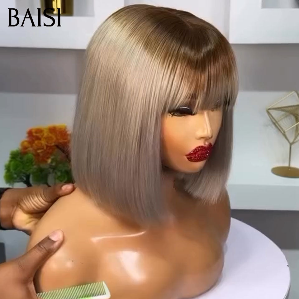 BAISI Collection Perruques Poivre et Sel 100% Vietnam Hair SDD BONE STRAIGHT Lisse BOB avec Frange de luxe Personnalisation des couleurs en 100% vrais cheveux humains