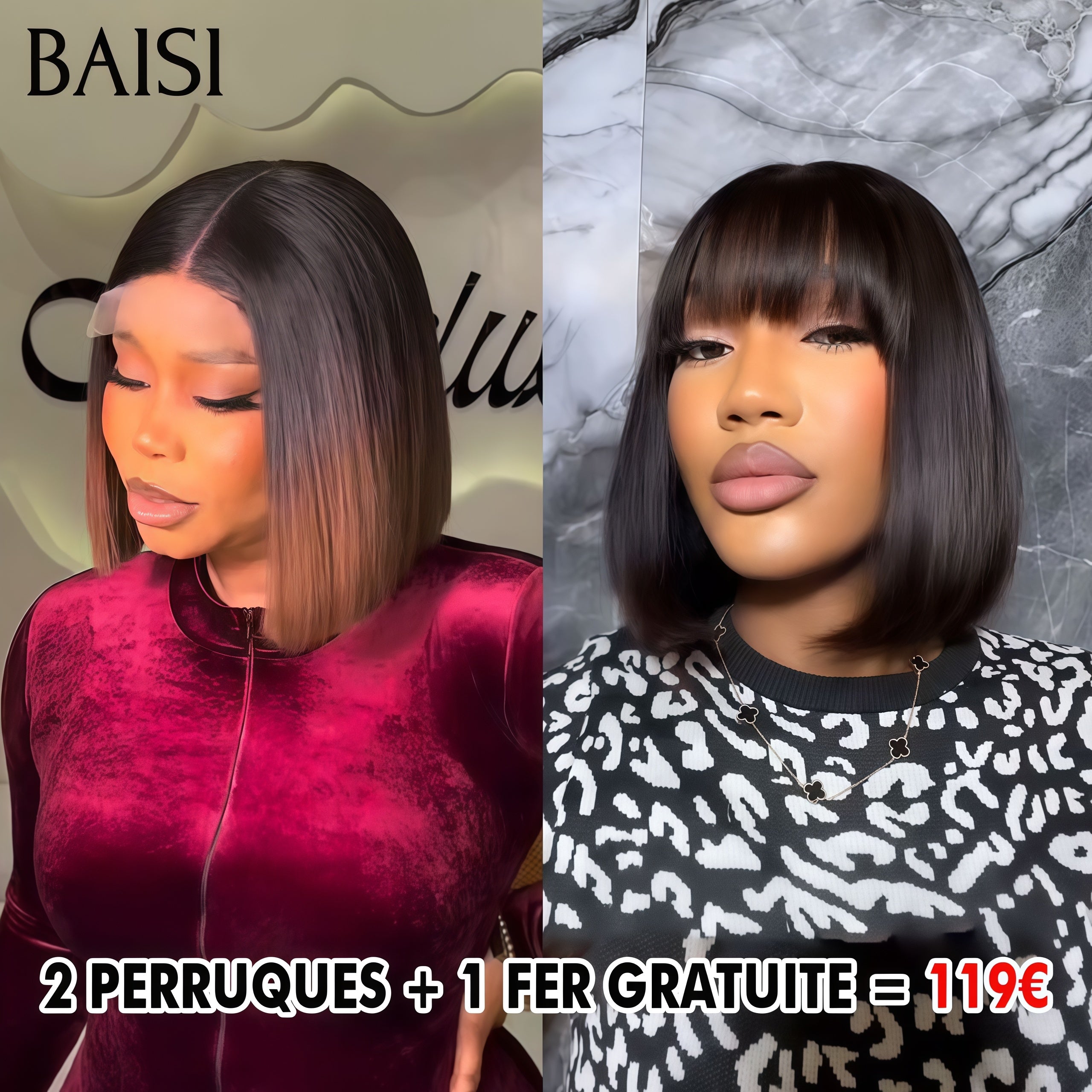 BAISI vente flash 2 Perruques + 1 FER gratuite = 119€ 4x4 lace closure Lisse Marron 1B4# 10 Pouces et BOB avec Frange 8 Pouces en 100% vrais cheveux humains , CODE: FR20