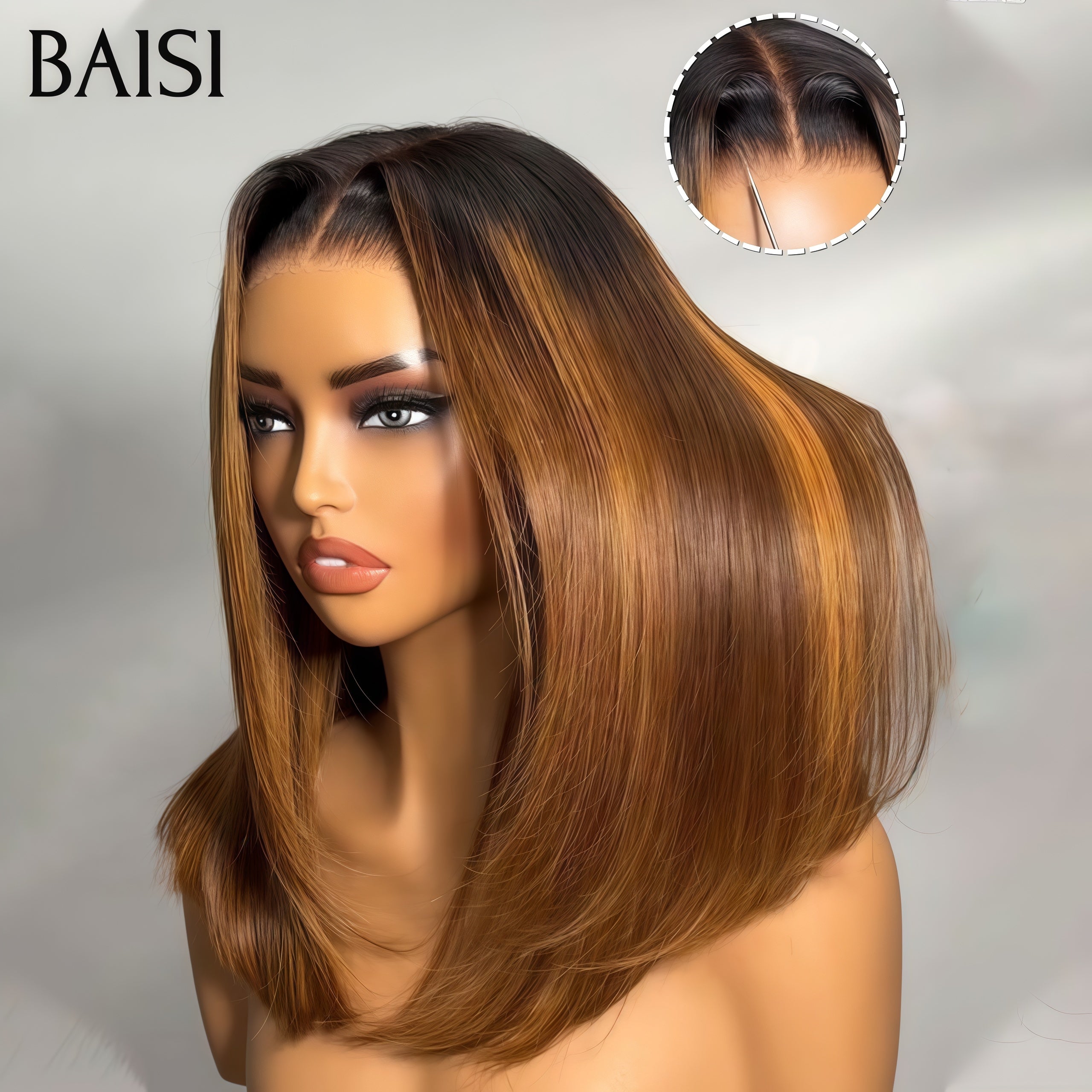 BAISI 13x4 lace frontal Perruque Bob Lisse pour revendre 14 Pouces 99€ en couleur Marron mixte miel 4T4/30# en 100% Cheveux Humains