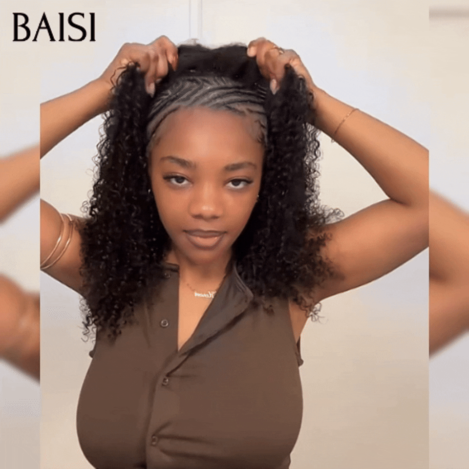 BAISI Perruque demi tête clips hair extension Facile à porter Noir Curly wave en 100% cheveux humains