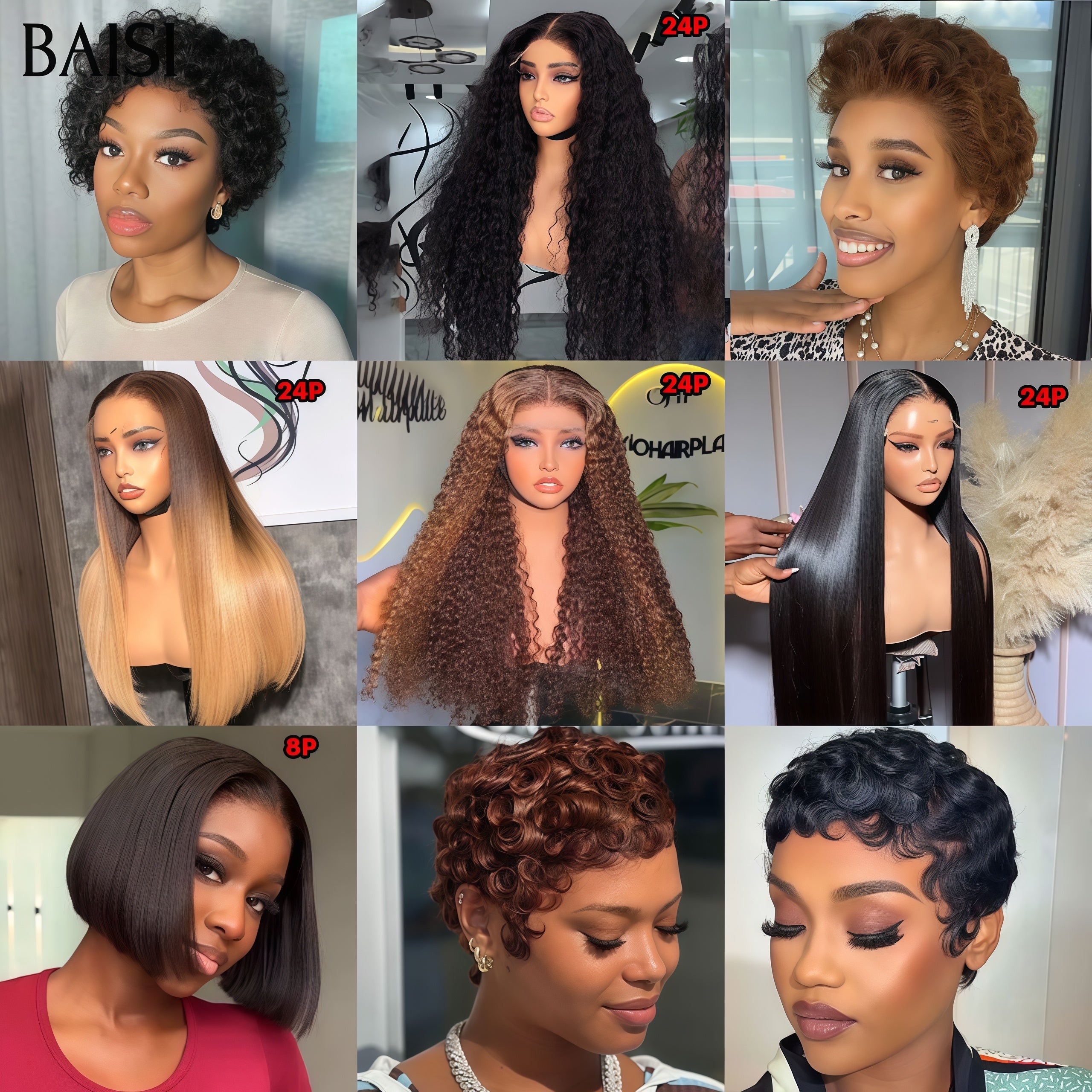 BAISI PROMO Ventes En Gros 9 Perruques 439€ 9 types de perruques différents pixie et Lisse et curly en 100% cheveux humains