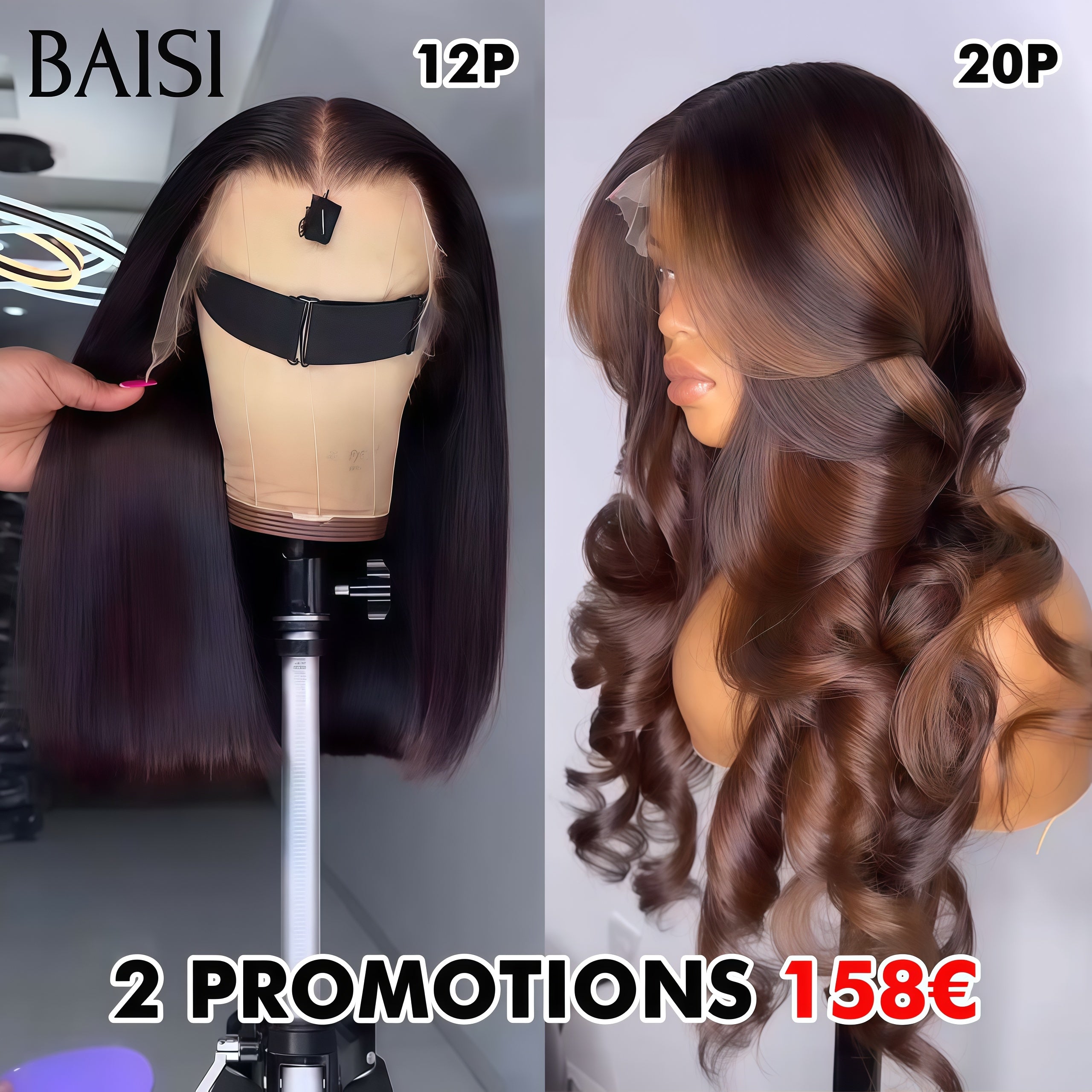 BAISI 2 Perruques 158€ PROMO 13X4 lace frontal Lisse Mixte Miel 20 pouces et Lisse NOIR 12 pouces en 100% cheveux humains