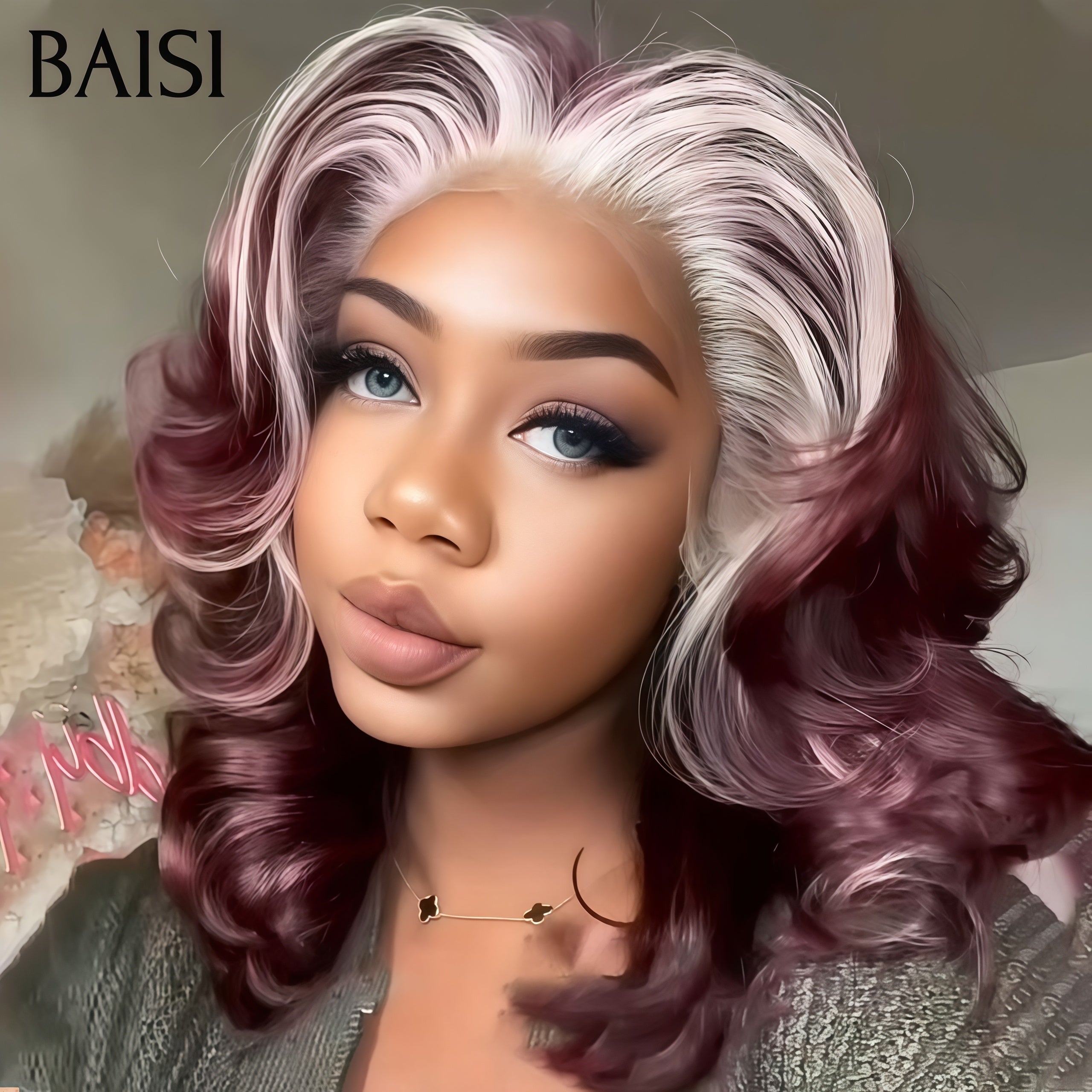 BAISI Promo Perruque 13X4 lace frontal 16 pouce couleurs Rouge-violet Mix Blonde somble grosse boucles sans colle Aujourd'hui 99€ en 100% Cheveux Humains