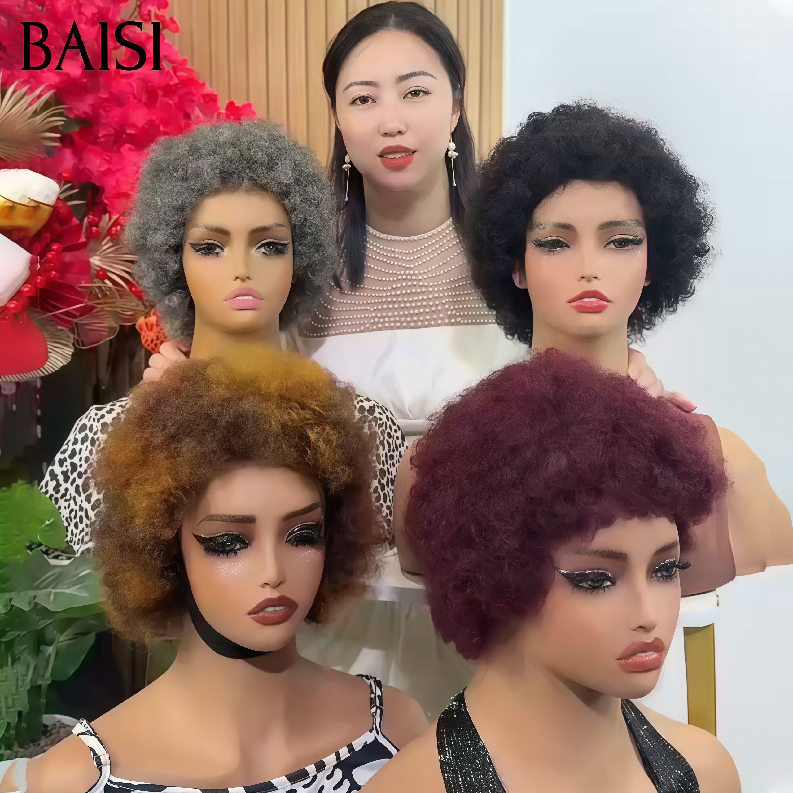 BAISI 4 Perruques 80€ Pixie afro curly 4 couleurs NOIR et Mixte Miel et gris et Bordeaux Fabriqué à la Machine En 100% Cheveux Humains