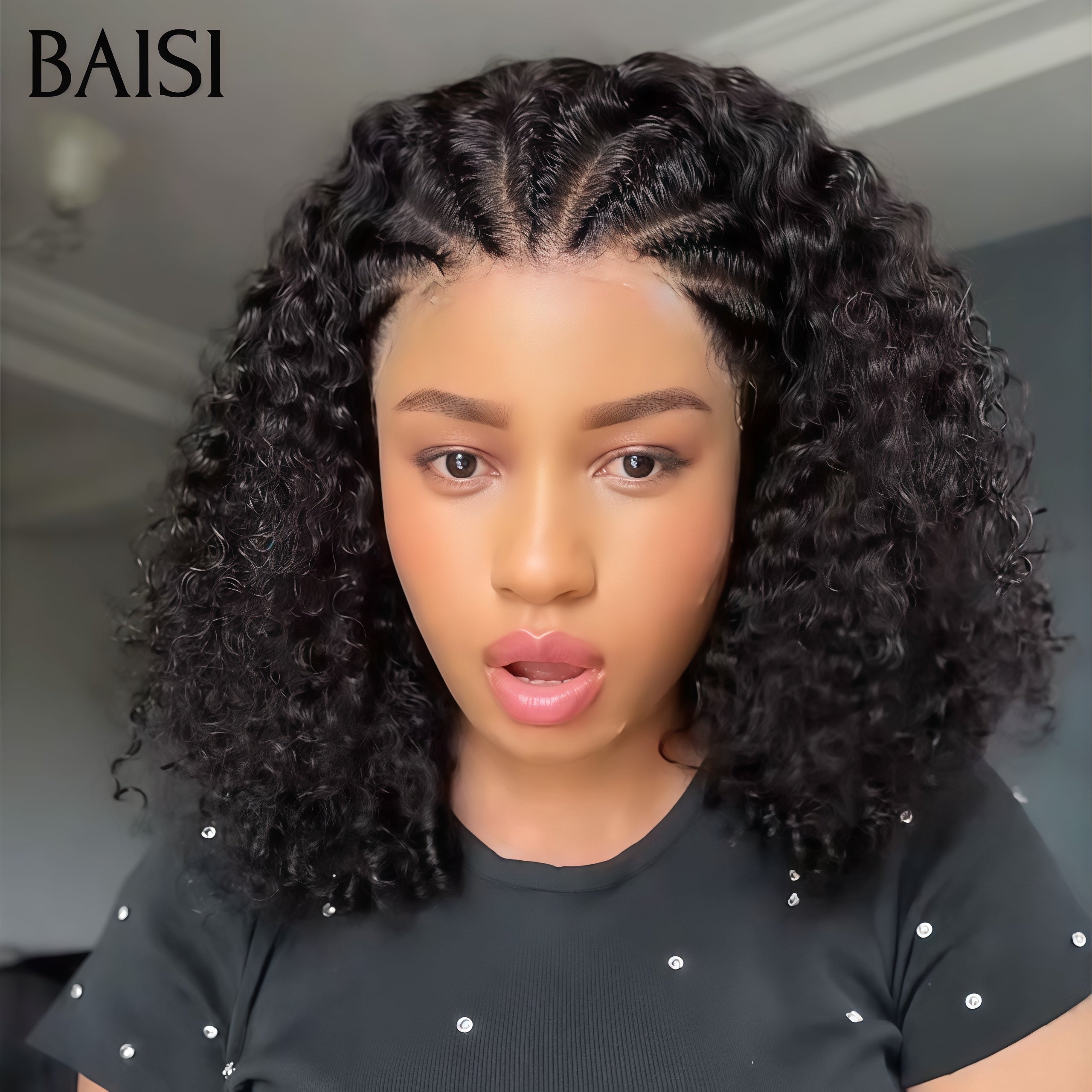 BAISI 13X4 frontale lace perruque 14 Pouces curl wave avec Petite natte frisé 300% densité 129€ 100% cheveux humains