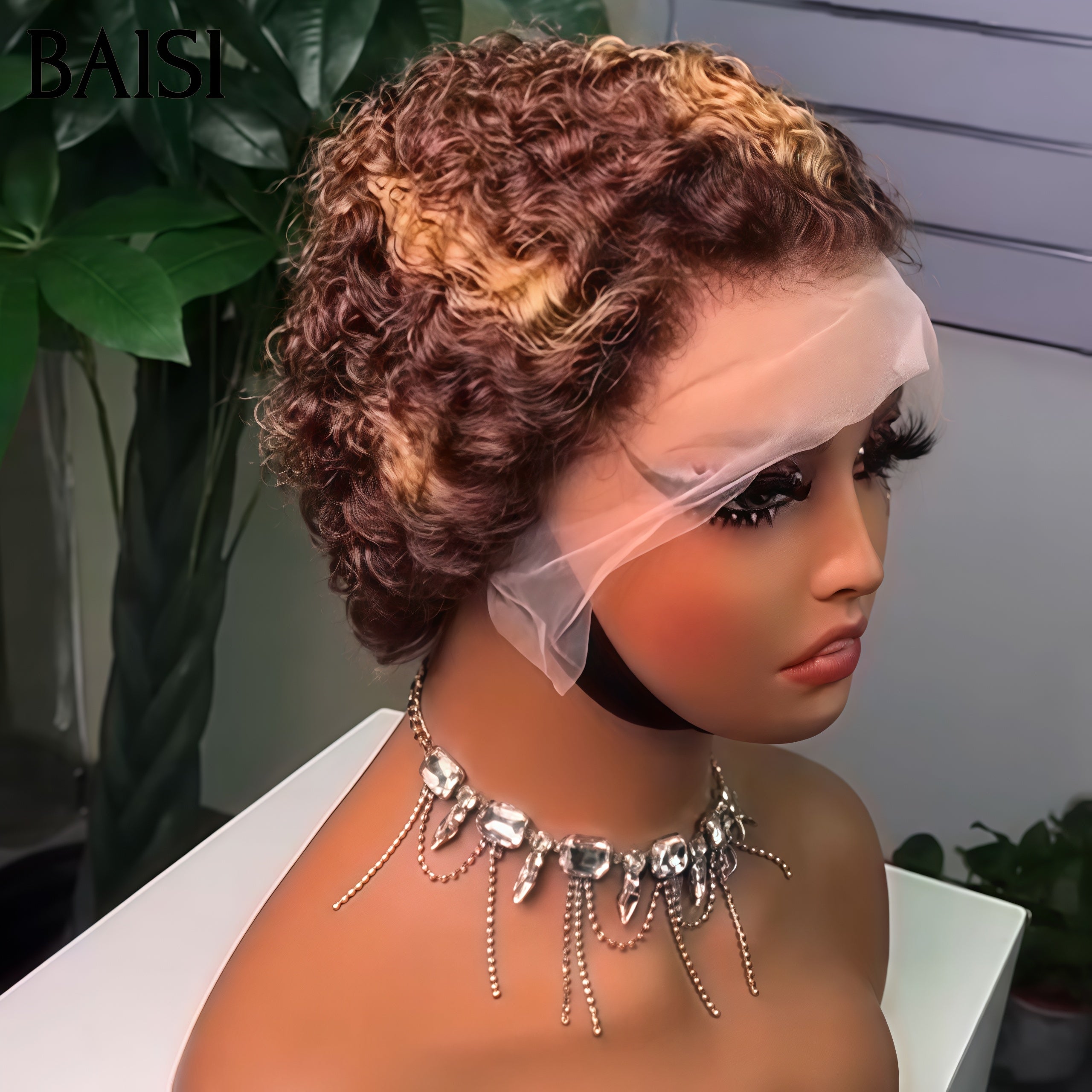 BAISI 13X4 lace frontal Perruque pixie Vague curly En 3 Couleurs Mixte Miel et Mixte brun ou Noir en 100% Cheveux Humains