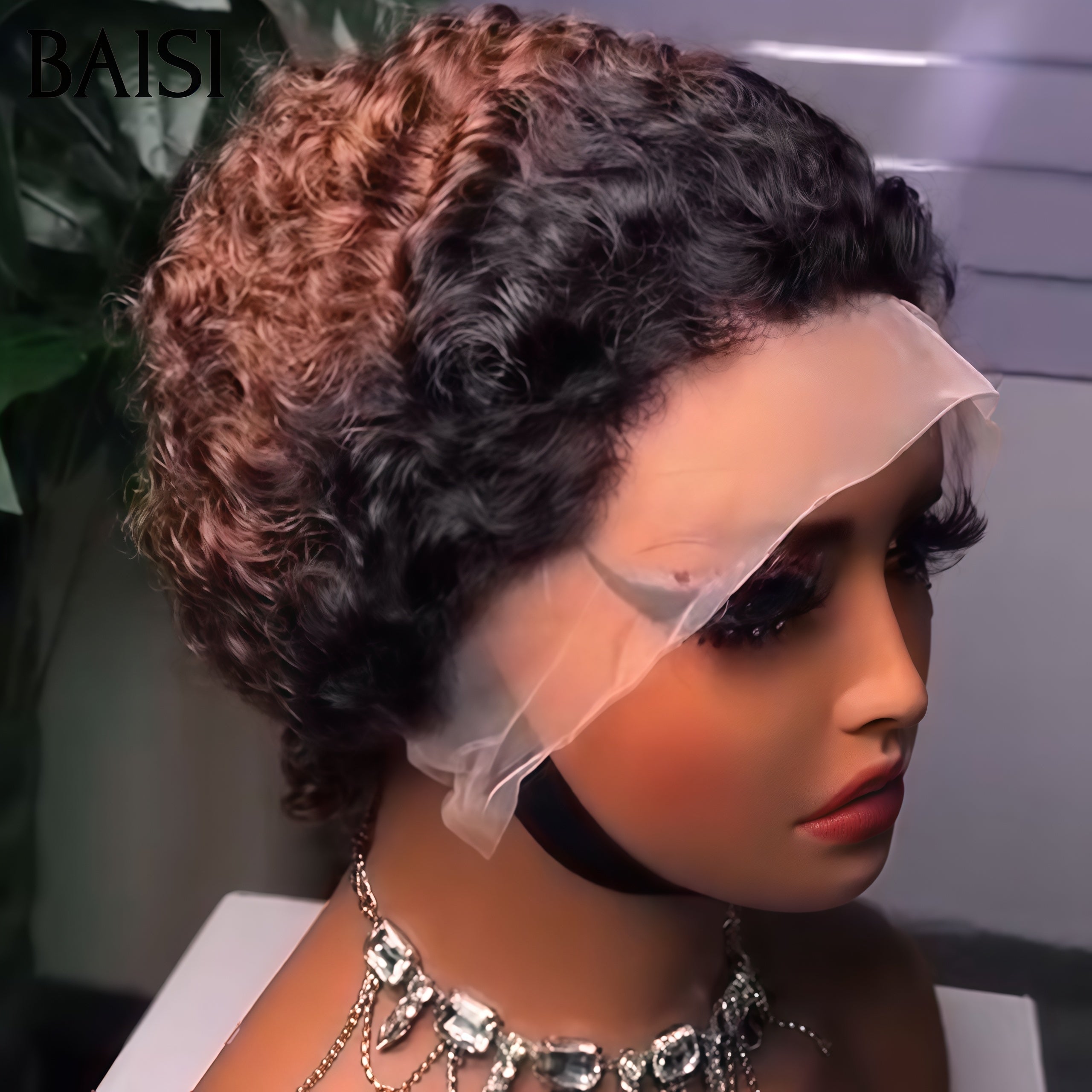 BAISI 13X4 lace frontal Perruque pixie Vague curly En 3 Couleurs Mixte Miel et Mixte brun ou Noir en 100% Cheveux Humains