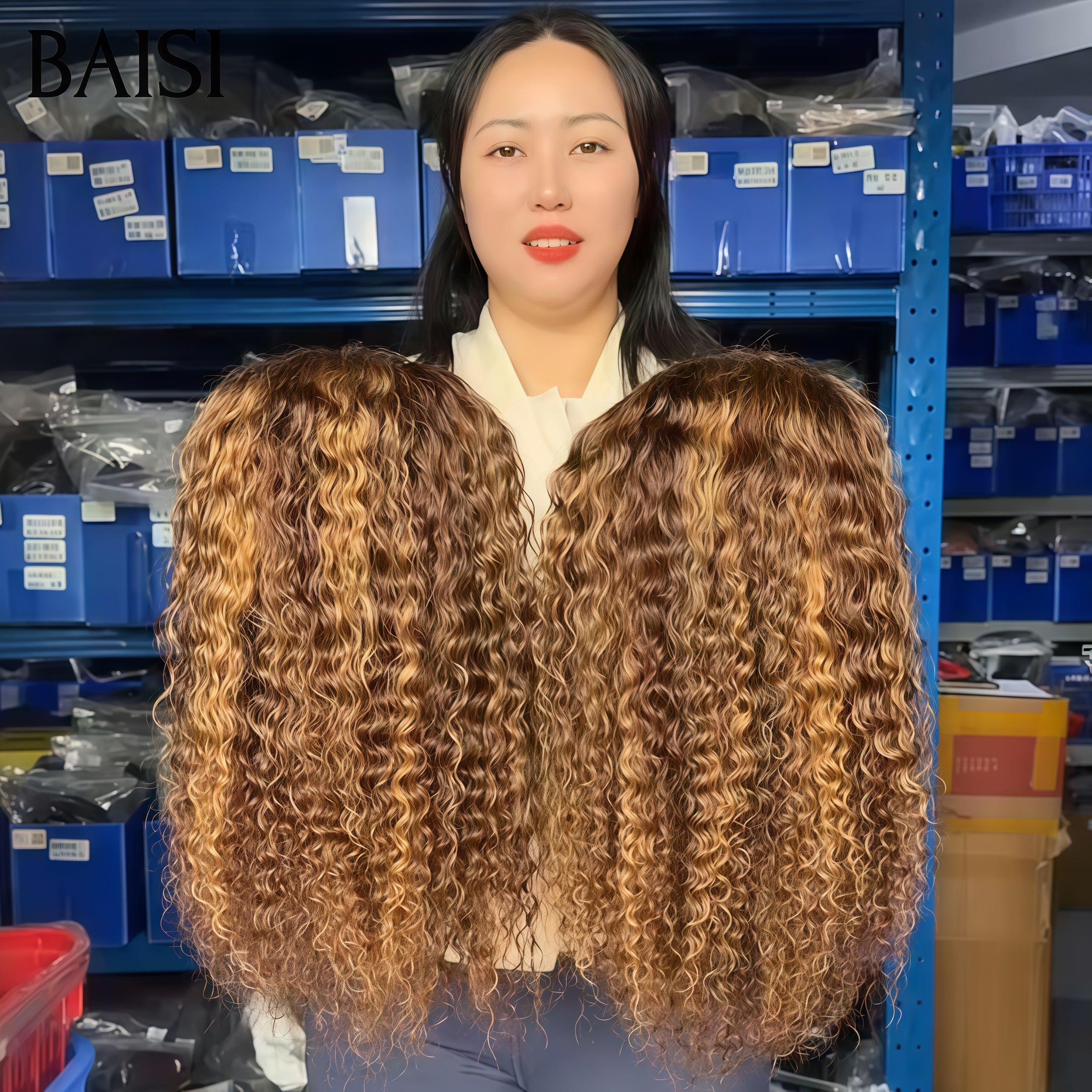 BAISI PROMO Le plus BAS PRIX lace frontal 13x4 Perruque curly wave marron mixte miel bob 69€ 14 Pouces en 100% Cheveux Humains