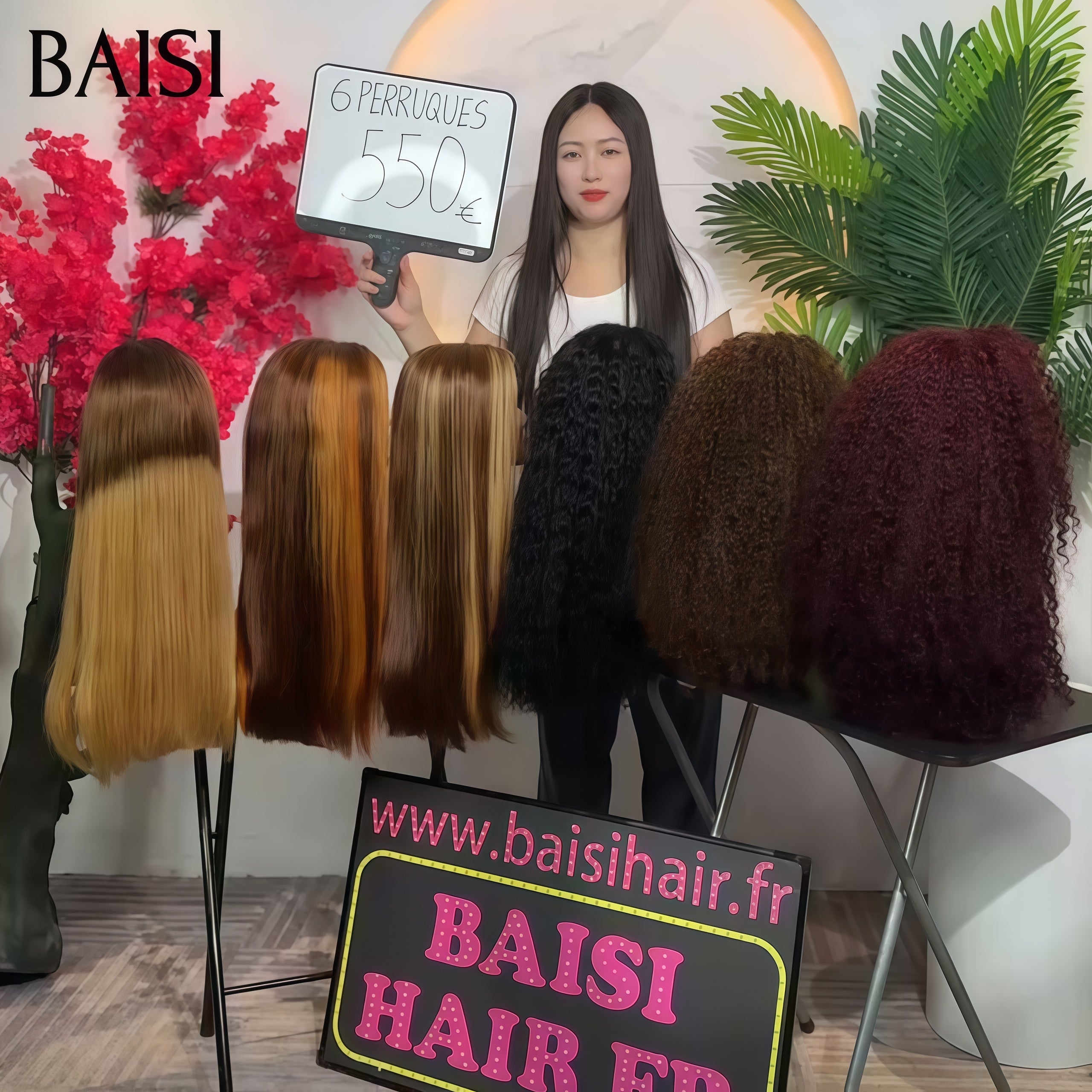 BAISI Grande PROMO 6 perruques 550€ en 6 couluers 13X4 lace frontal Lisse et curly wave Une variété de perruques au choix en 100% vrais cheveux humains
