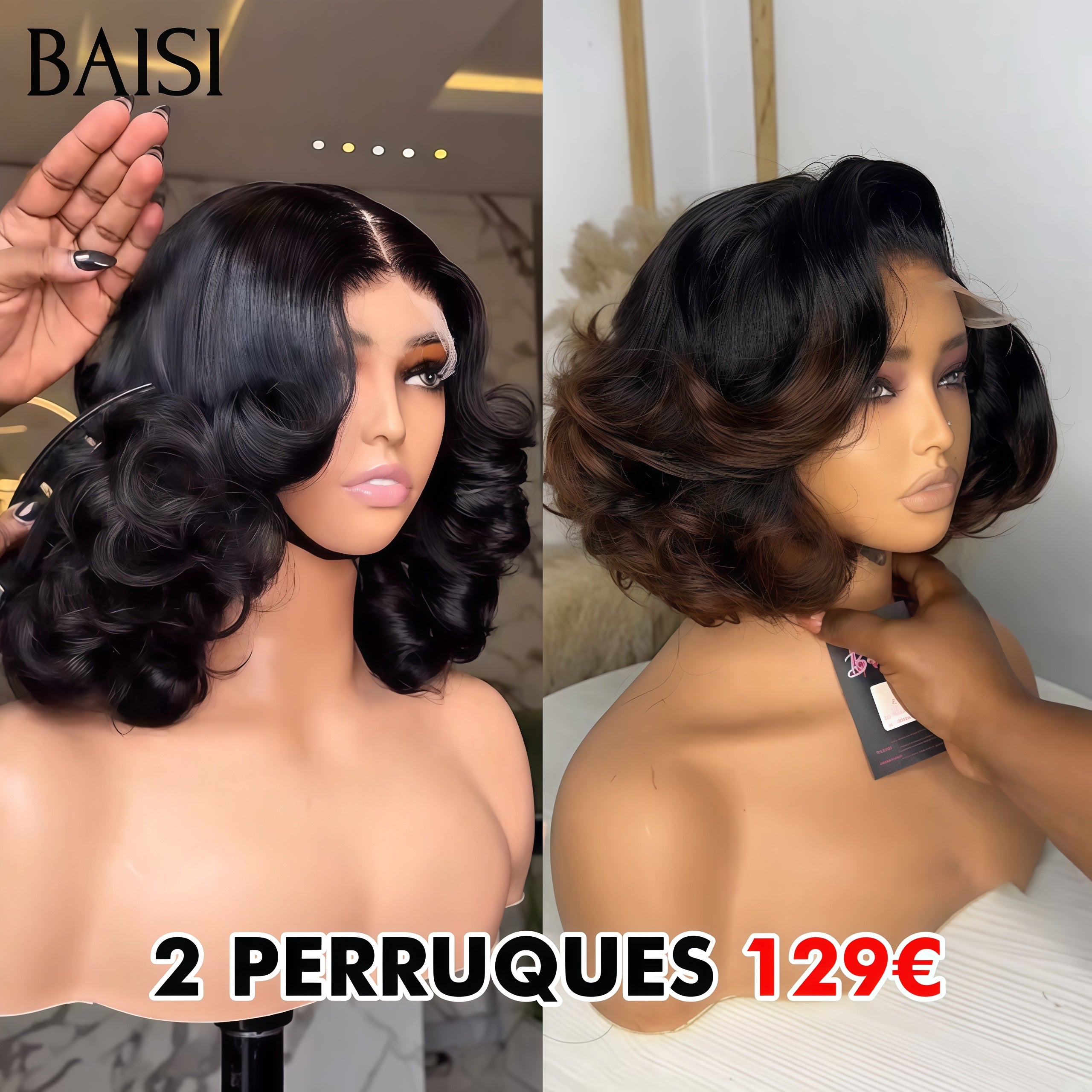 BAISI vente flash 2 Perruques 129€ 5x5 lace closure egg wave NOIR et Marron 1B4# en 100% vrais cheveux humains FR38