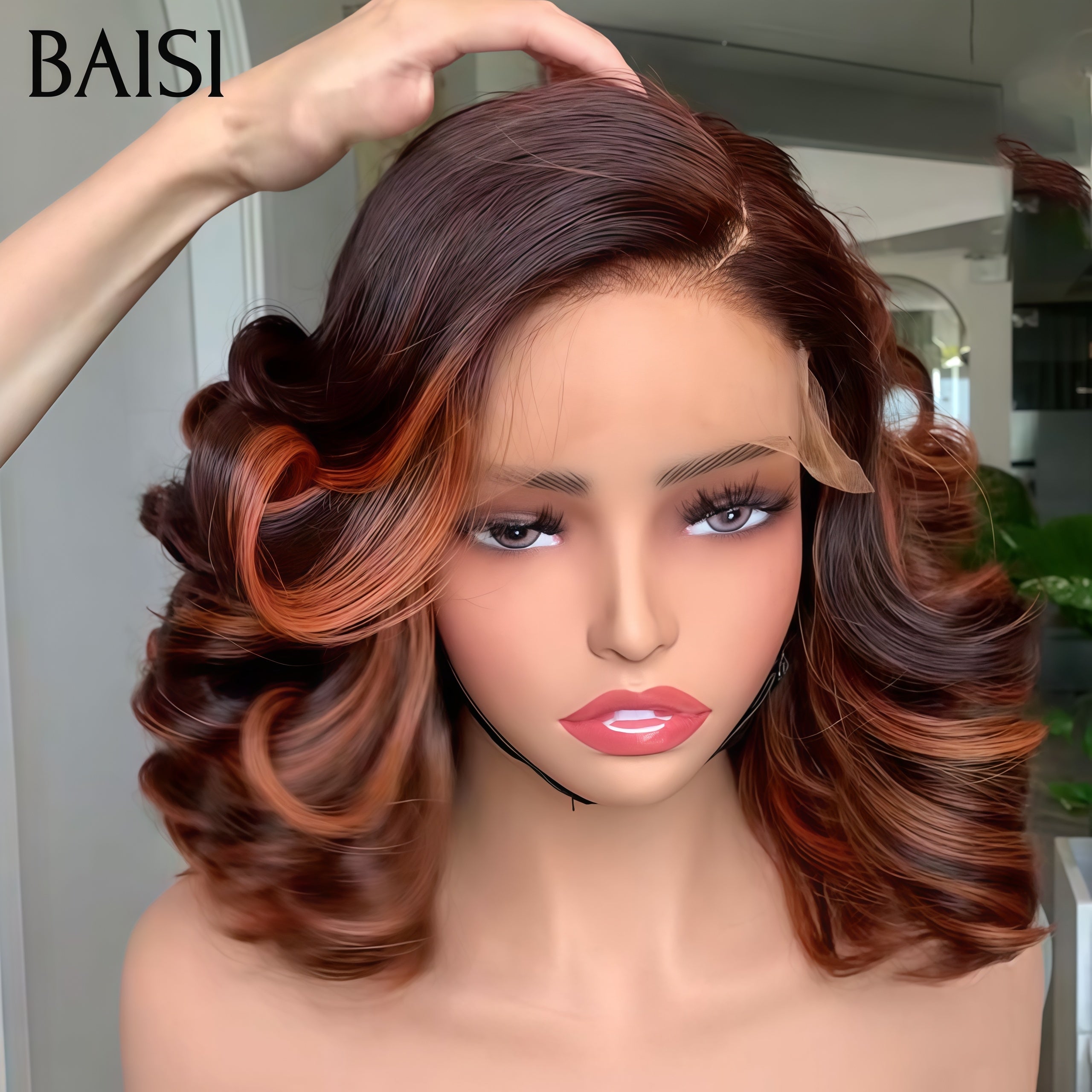 BAISI Perruque BOB lace closure Bouclée Egg Wave 75€ Moitié Prix en couleur Marron Mixte orange En 100% Cheveux Humains mp50