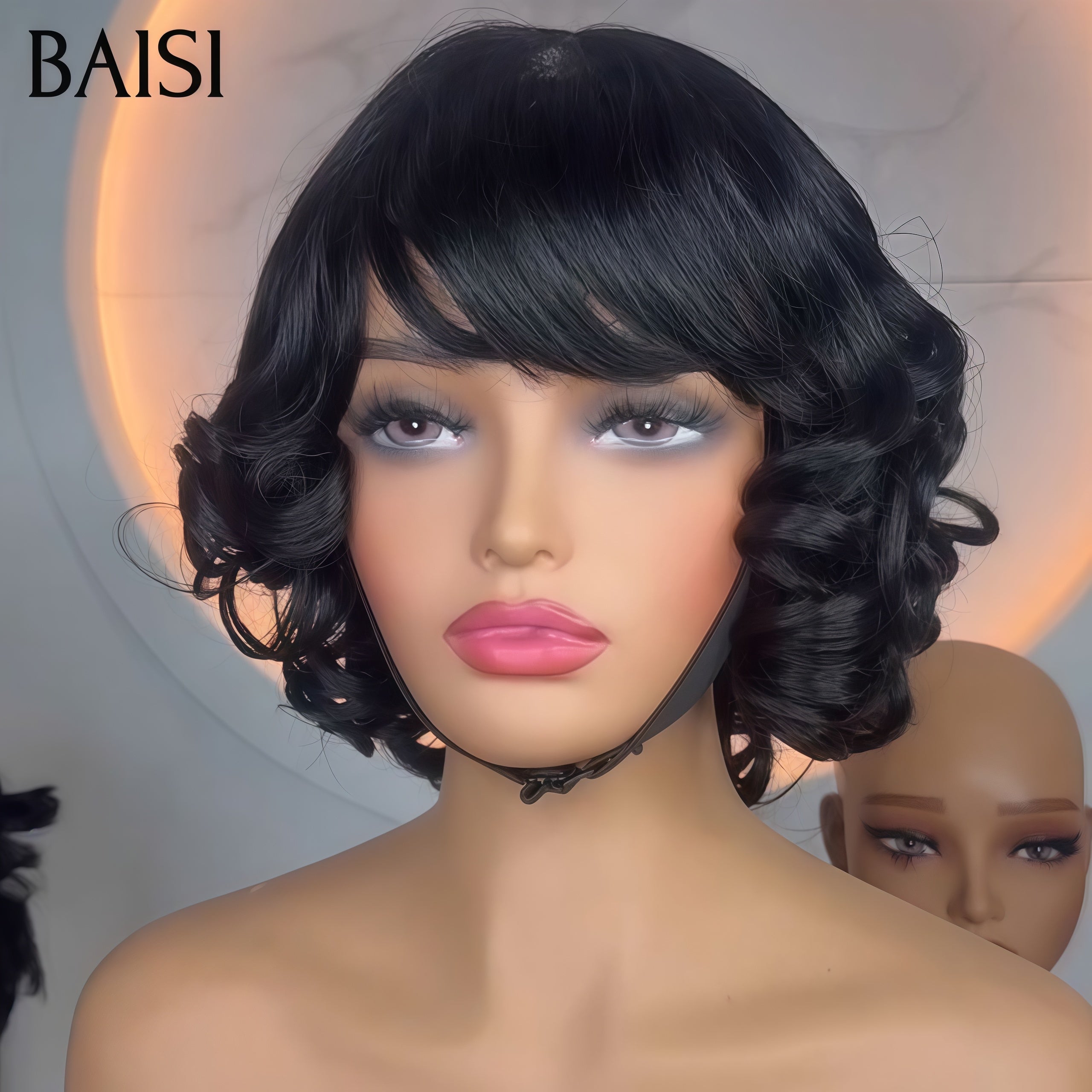 BAISI Perruque Bouclée Egg Wave avec Frange 2x4 lace 68€ BOB en couleur NOIR En 100% Cheveux Humains