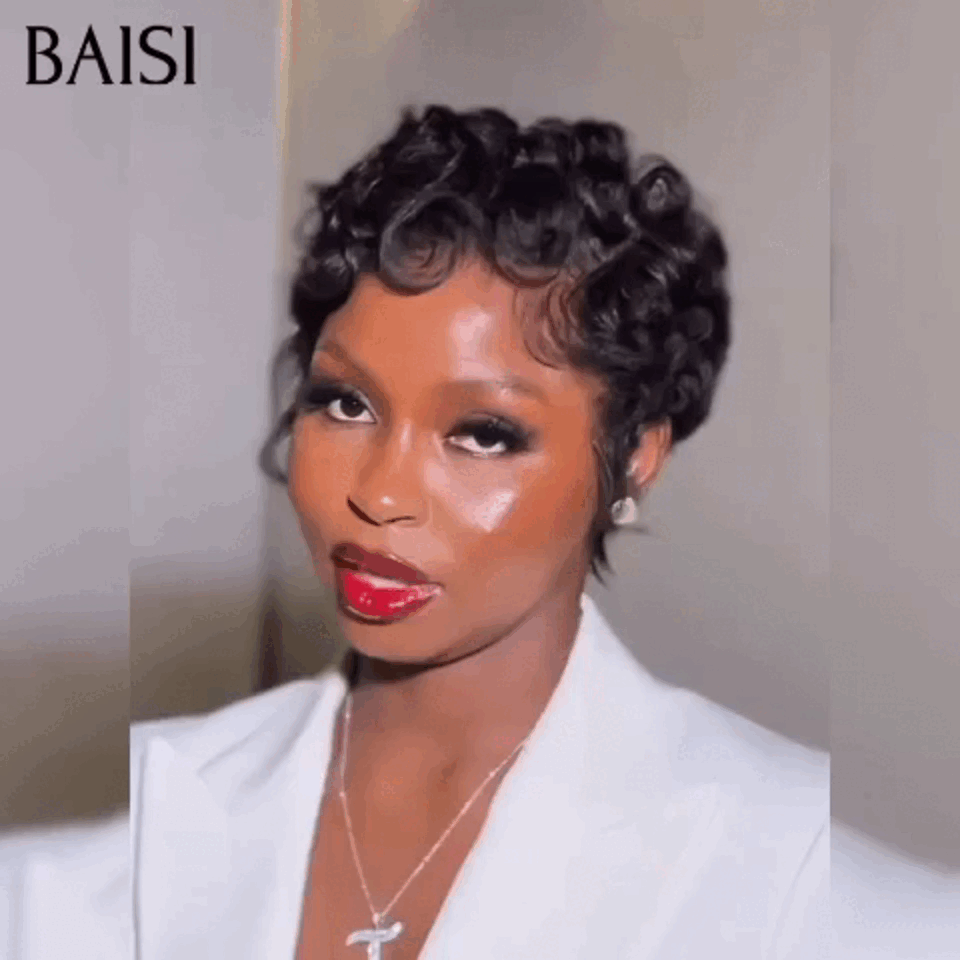BAISI Perruque Chioma pixie finger wave noir avec frontal 55€ Élégant à 100% comme sur la photo en 100% Cheveux Humains