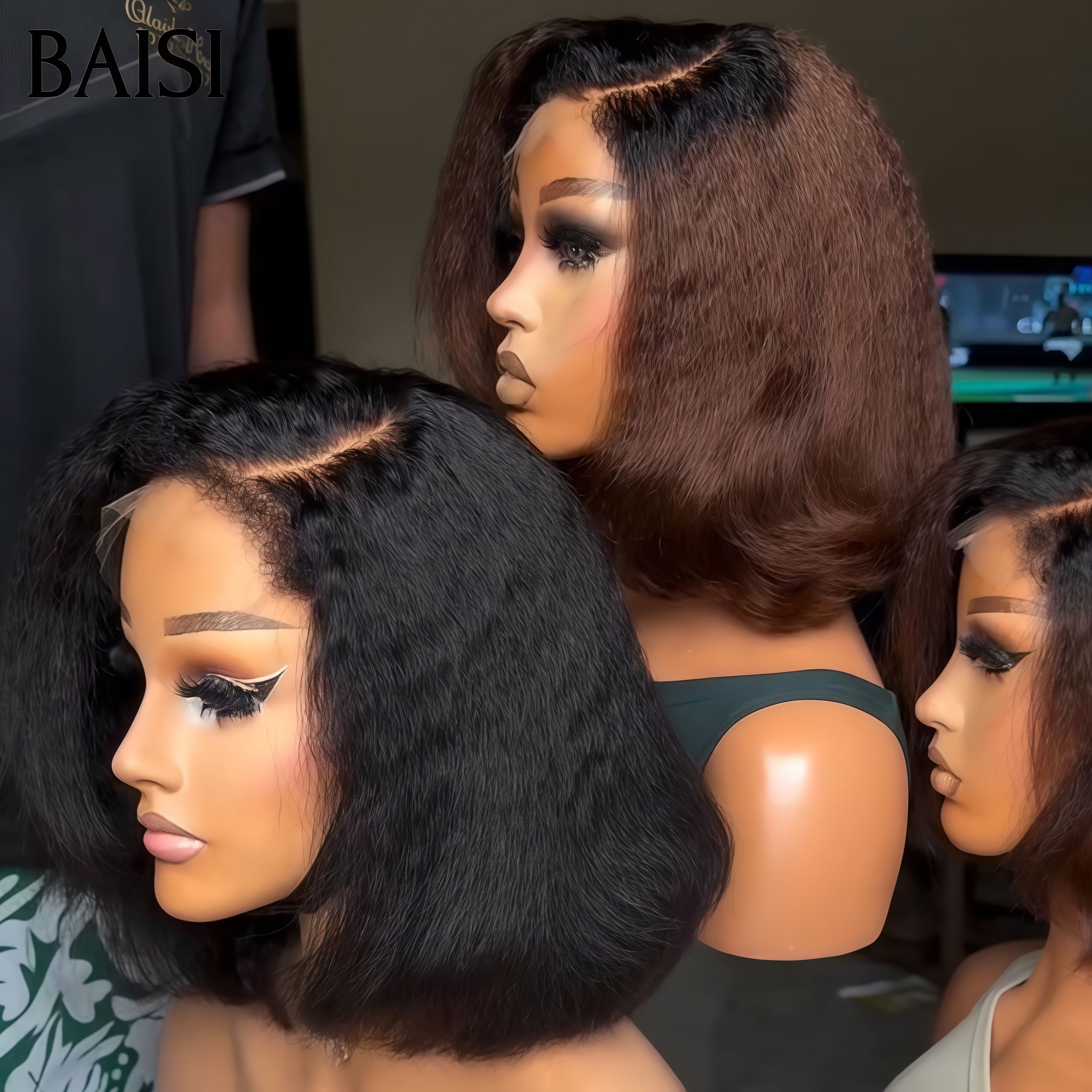 BAISI 2 perruques 139€ pour revendre 13x4 lace frontal kinky straight 10 pouces en couleur Marron et NOIR en 100% vrais cheveux humains