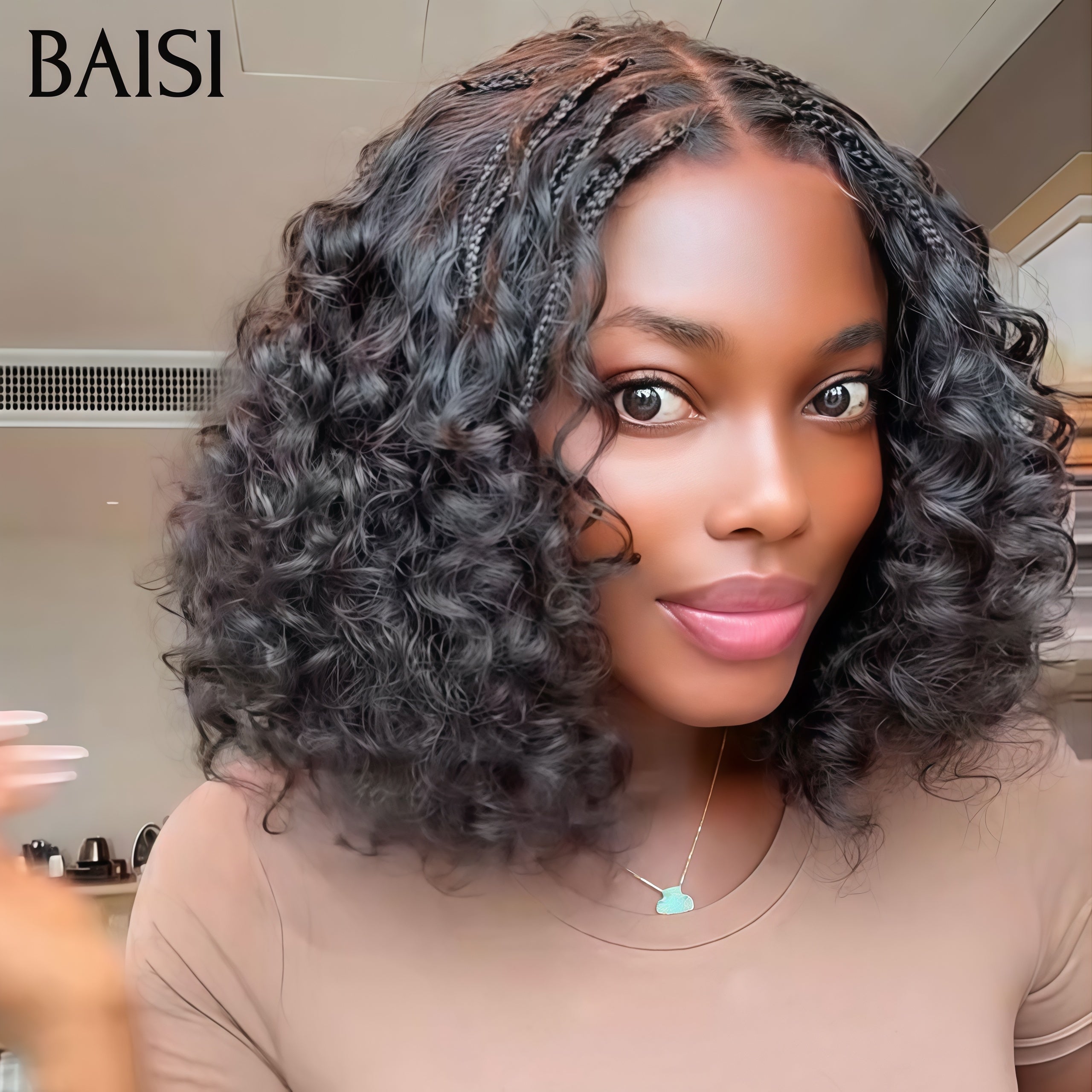 BAISI 4x4 Lace closure Perruque water wave NOIR 12 Pouces 98€ avec coiffure tressée natte 300%densité 100% Cheveux Humains