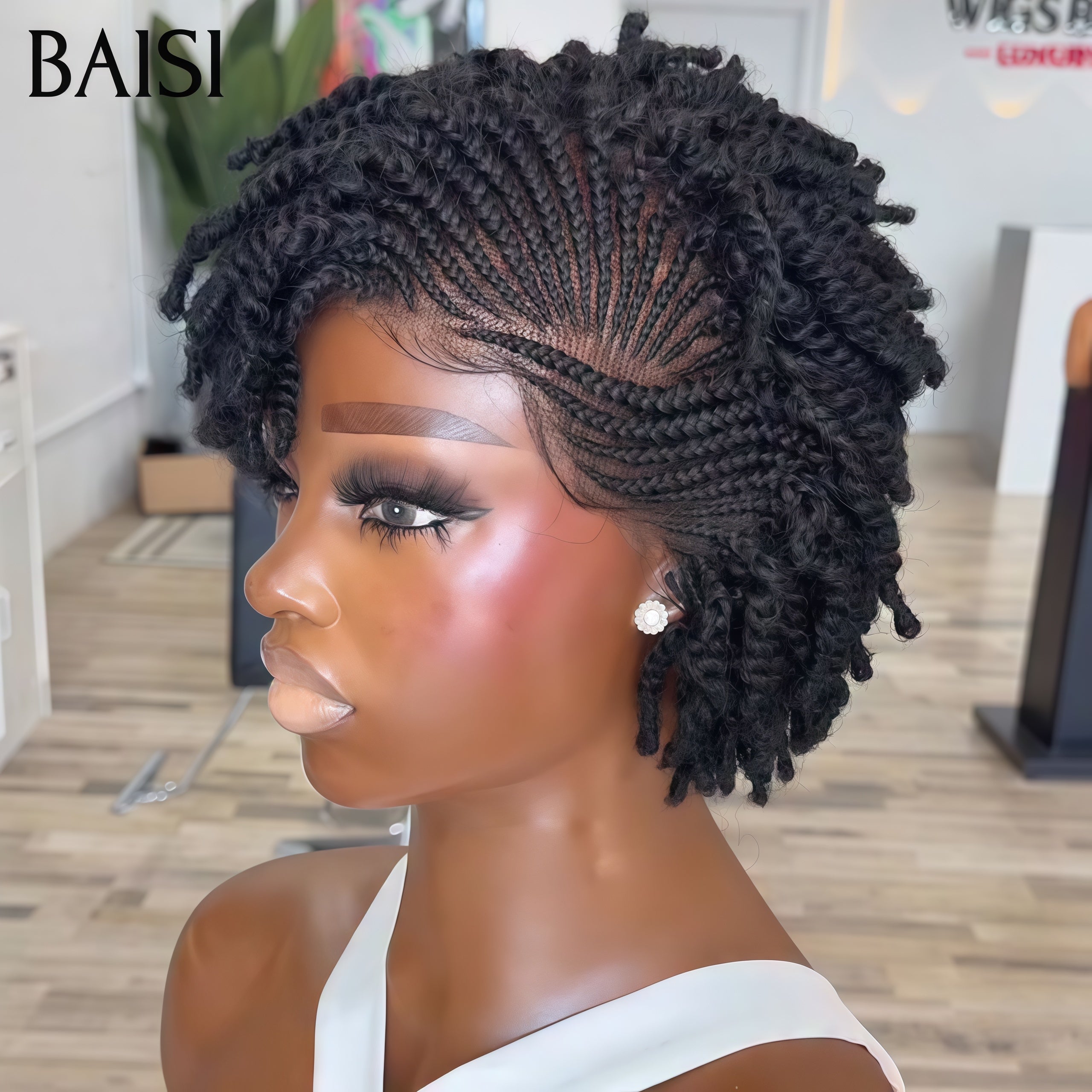 BAISI Full lace avec coiffure tressée natte promotion 169€ Perruque 10 Pouces NOIR 100% comme la photo en 100% Cheveux Humains