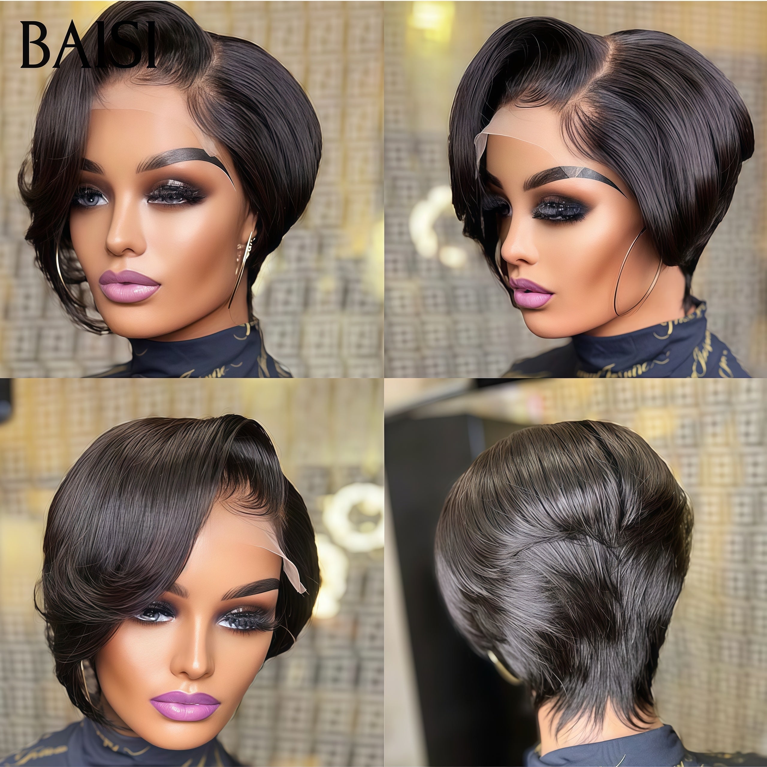 BAISI Perruque pixie Lisse avec lace frontal 50€ NOIR Élégant et facile à porter En 100% Cheveux Humains