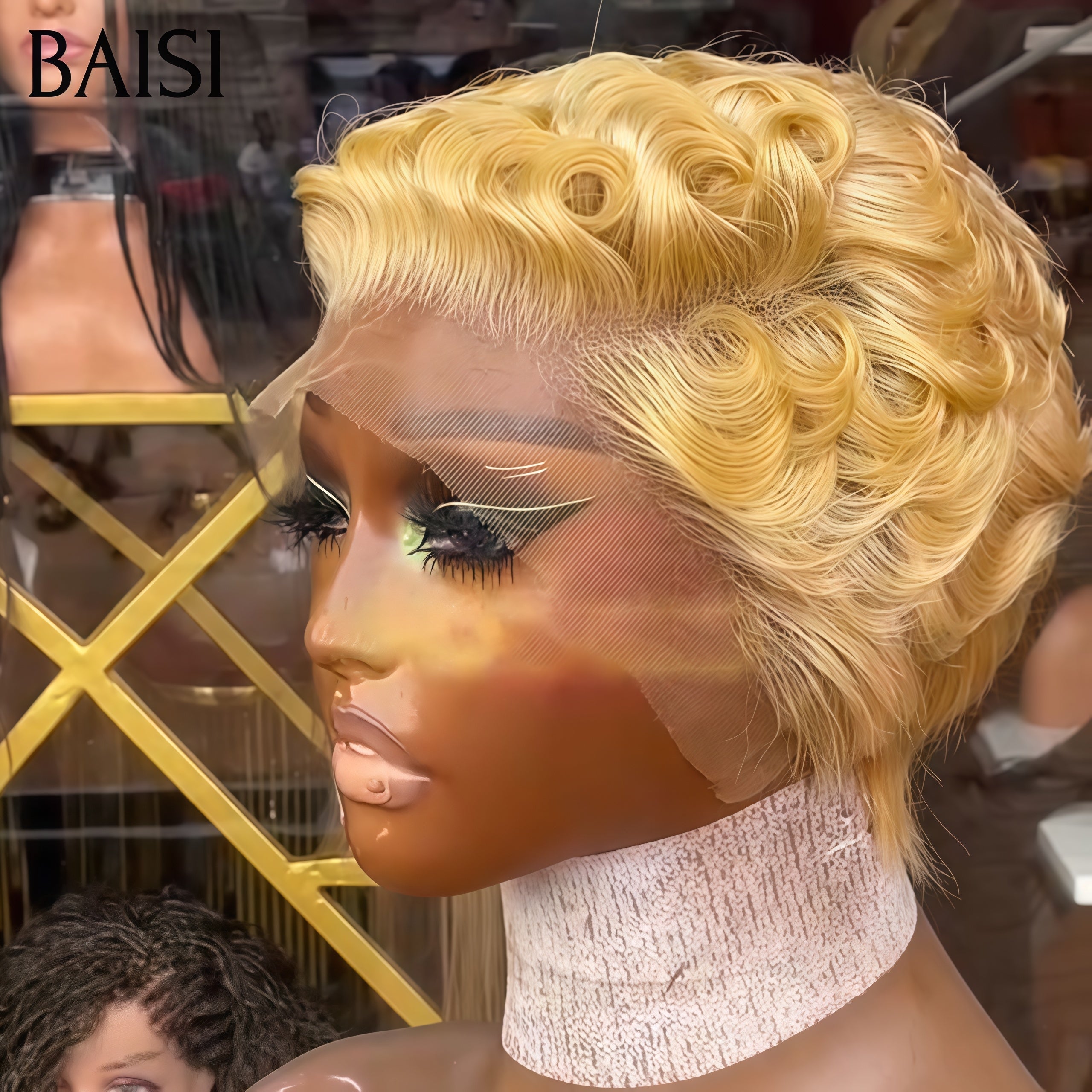 BAISI Perruque Avec Frontale lace Pixie petite coupe 4 couleurs NOIR ou marron ou blonde ou Bordeaux En 100% Cheveux Humains