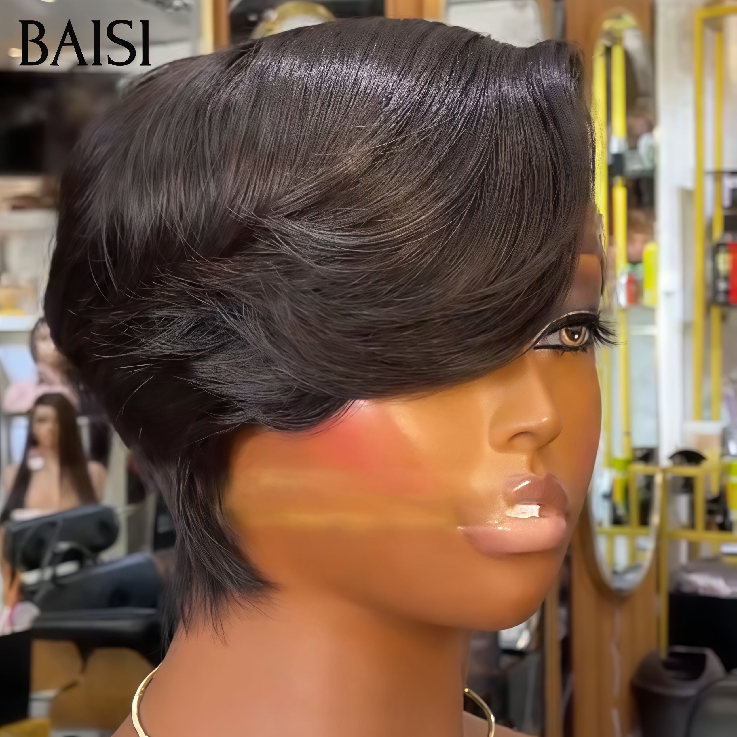 BAISI Perruque Avec Frontale lace Pixie petite coupe 4 couleurs NOIR ou marron ou blonde ou Bordeaux En 100% Cheveux Humains