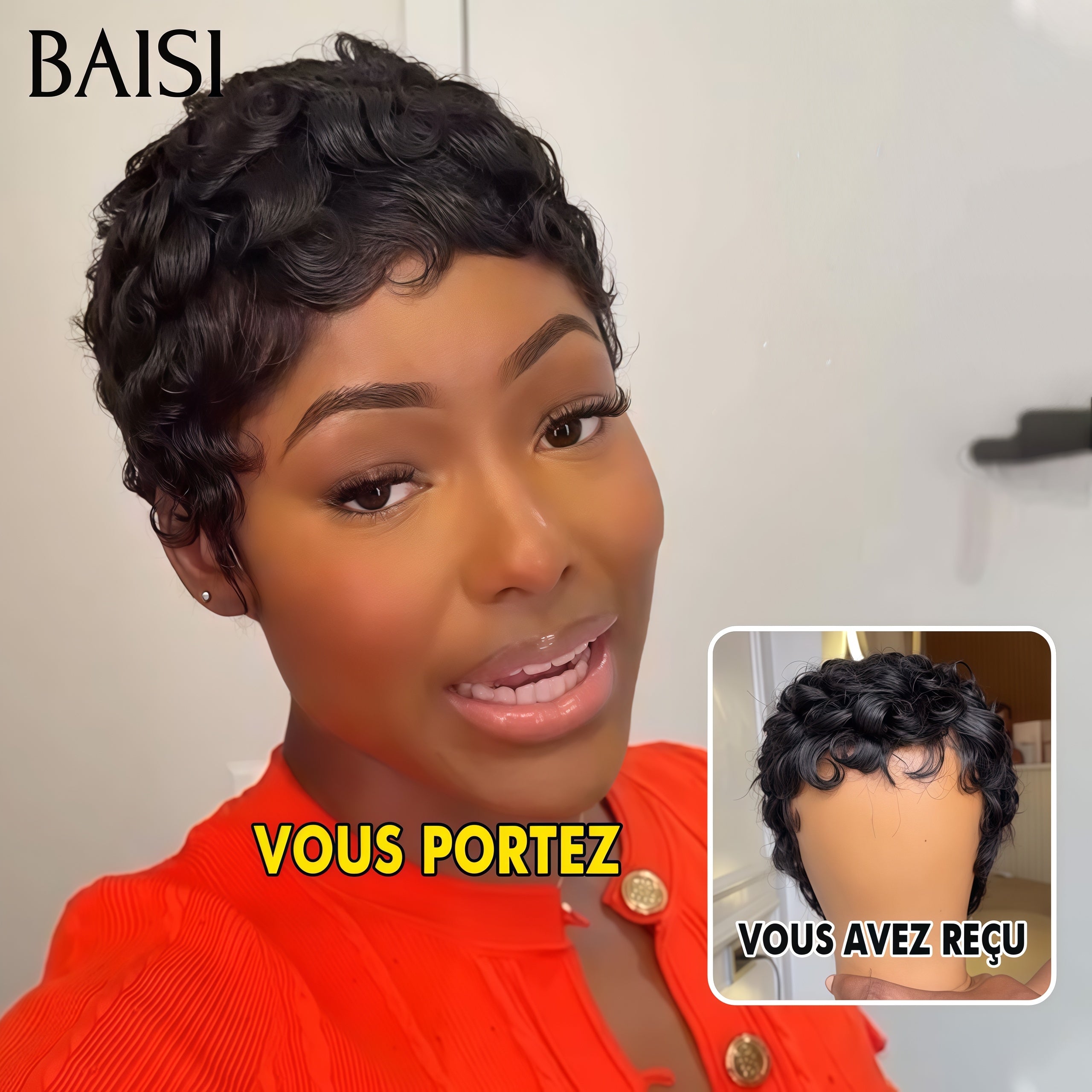 BAISI Perruque Chioma pixie Sans Colle 37€ ou 13x4 lace Frontale finger wave NOIR Moitié Prix 58€ en 100% cheveux humains