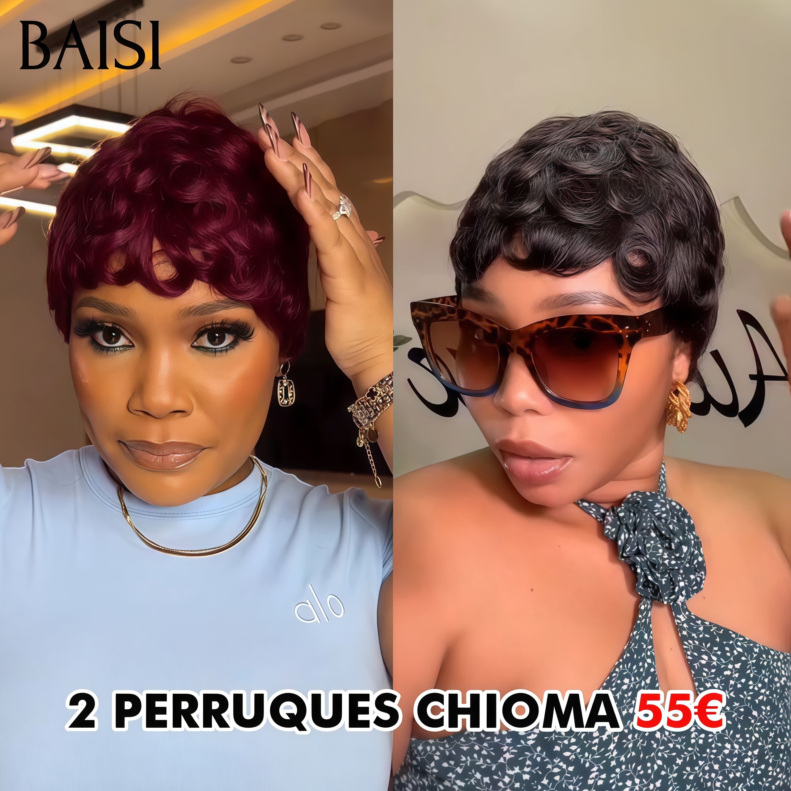BAISI Promo Limitée 2 perruques chioma pixie 55€ en couleur NOIR et Bordeaux en 100% vrais cheveux humains
