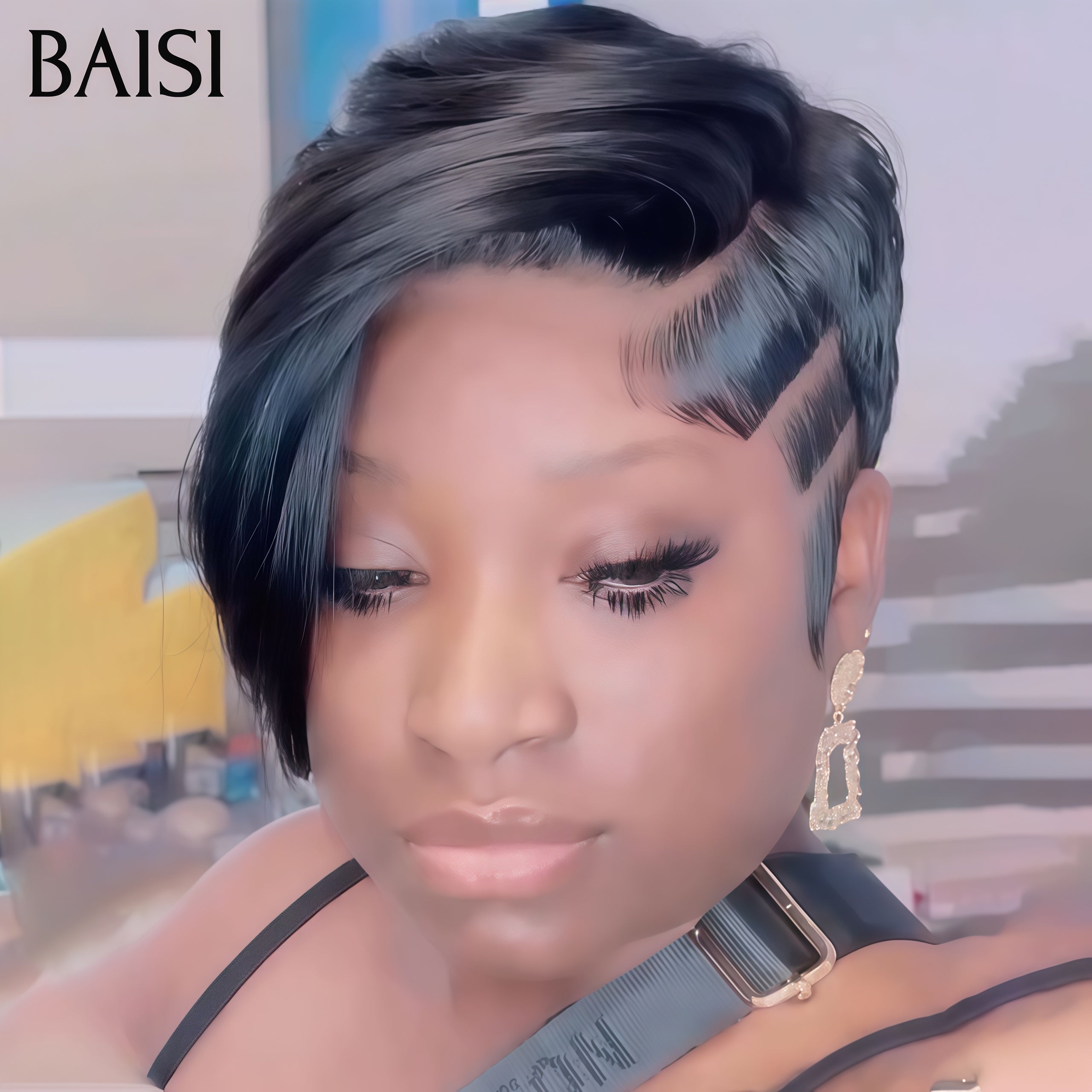 BAISI Perruque Full Lace Pixie lisse 139€ Raie sur le côté en Couleur Noir en 100% cheveux humains