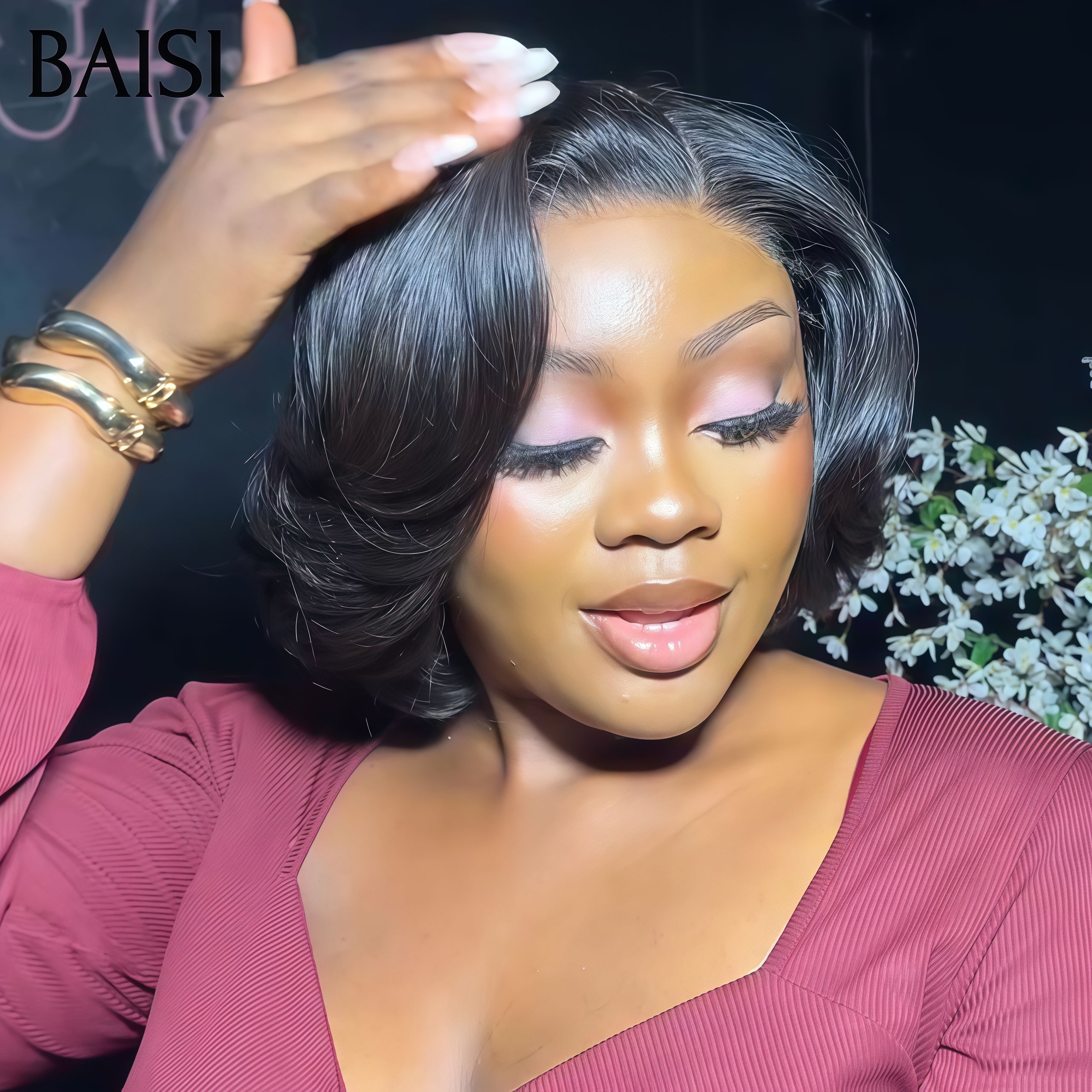 BAISI Perruque pixie lace closure Bouclée Lisse 65€ Moitié Prix NOIR En 100% Cheveux Humains