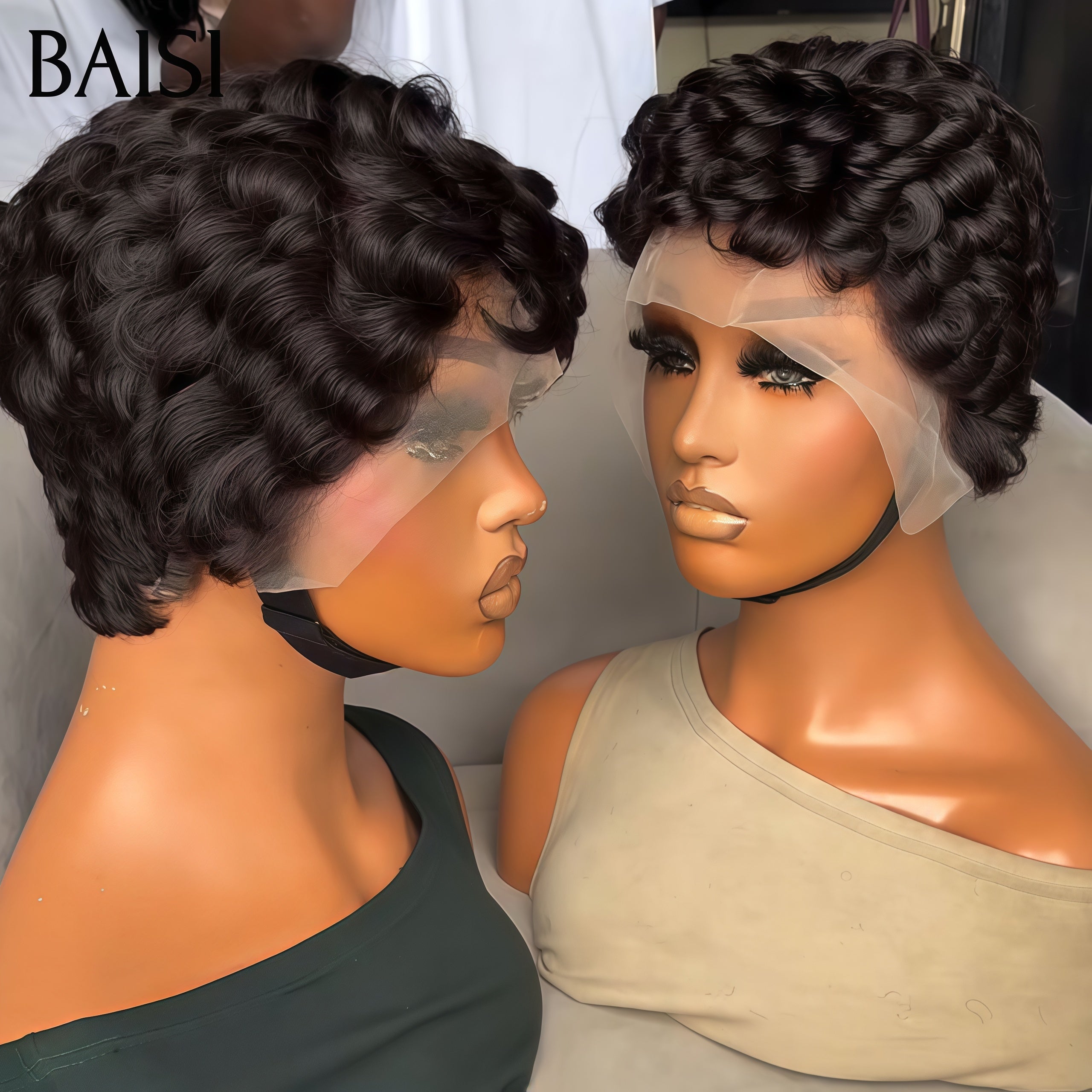 BAISI pixie Coiffure 2 Perruques 90€ 13X4 lace frontal comme la video NOIRen 100% Cheveux humains