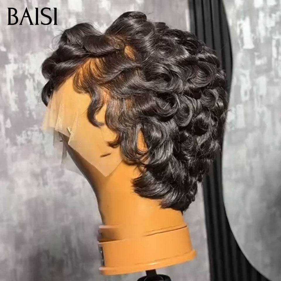 BAISI Perruque Chioma finger wave 13X4 lace Frontale Pixie Moitié Prix 50€ couleur naturelle En 100% Cheveux Humains MP50