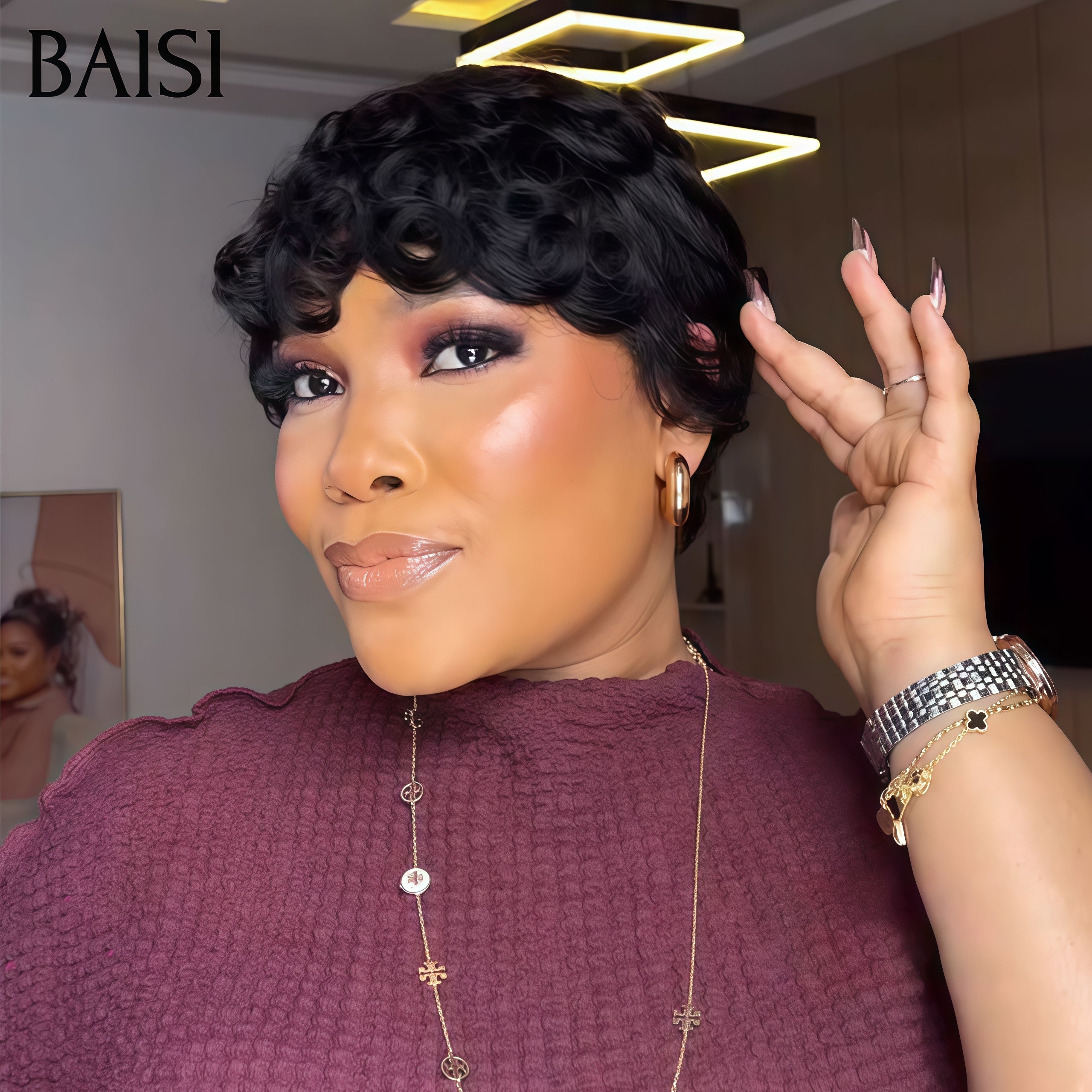 BAISI promotion 39€ Perruques Chioma Pixie Finger Wave petite coupe fabriqué à la machine NOIR sans lace En 100% Cheveux Humains
