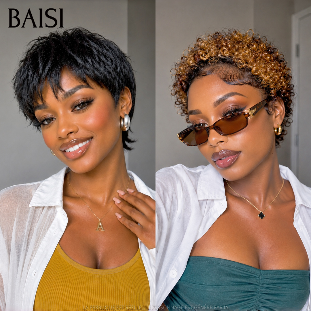 BAISI Lot 2 perruques Pixie Courte Lisse noir 1B# + Curly Marron Clair 1B/33# Petit Prix Fou 66€ Seulement Sans colle Sans Lace en 100% Cheveux Humains