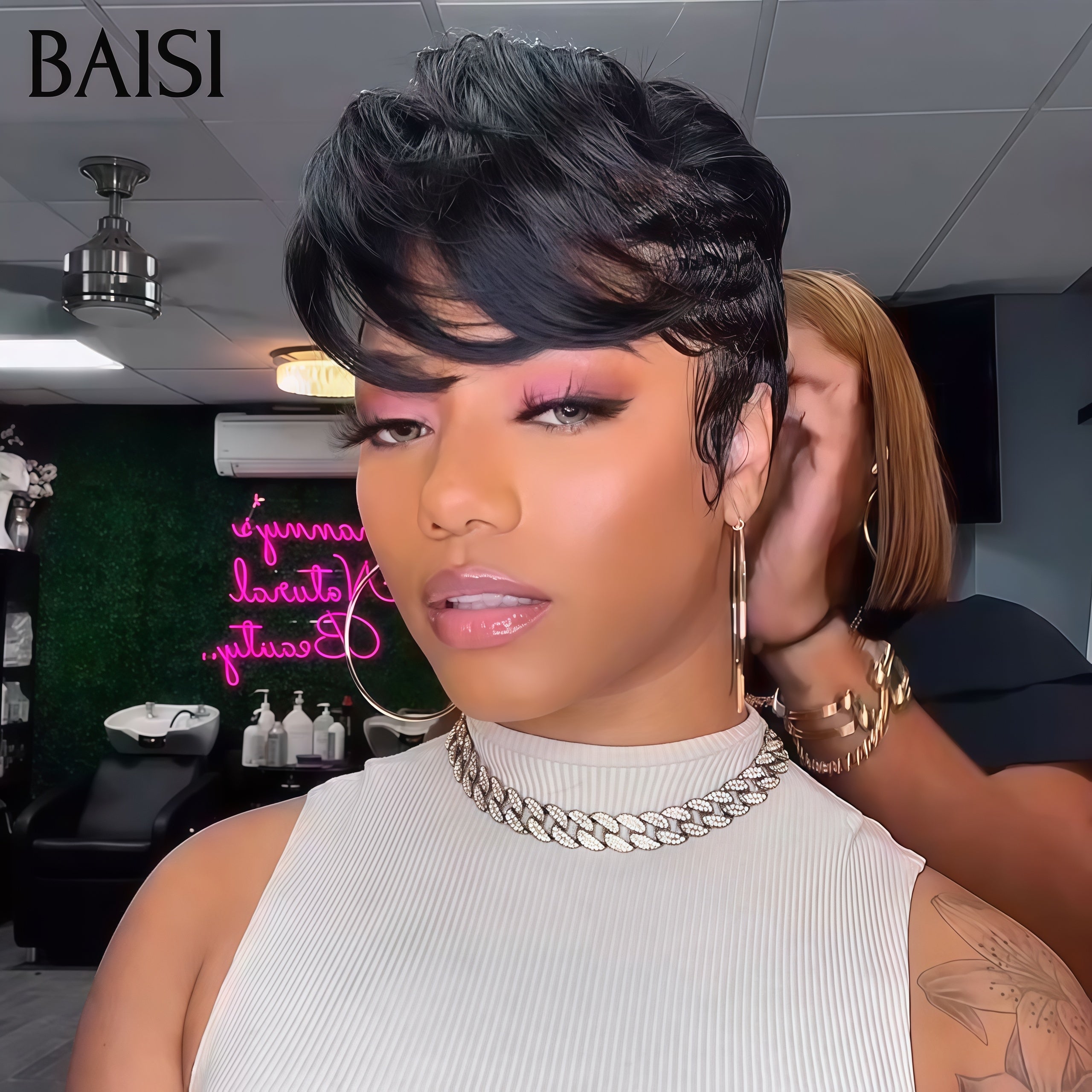 BAISI Perruque Full Lace Pixie lisse 139€ Raie sur le côté Élégant, romantique et facile à porter en Couleur Noir en 100% cheveux humains