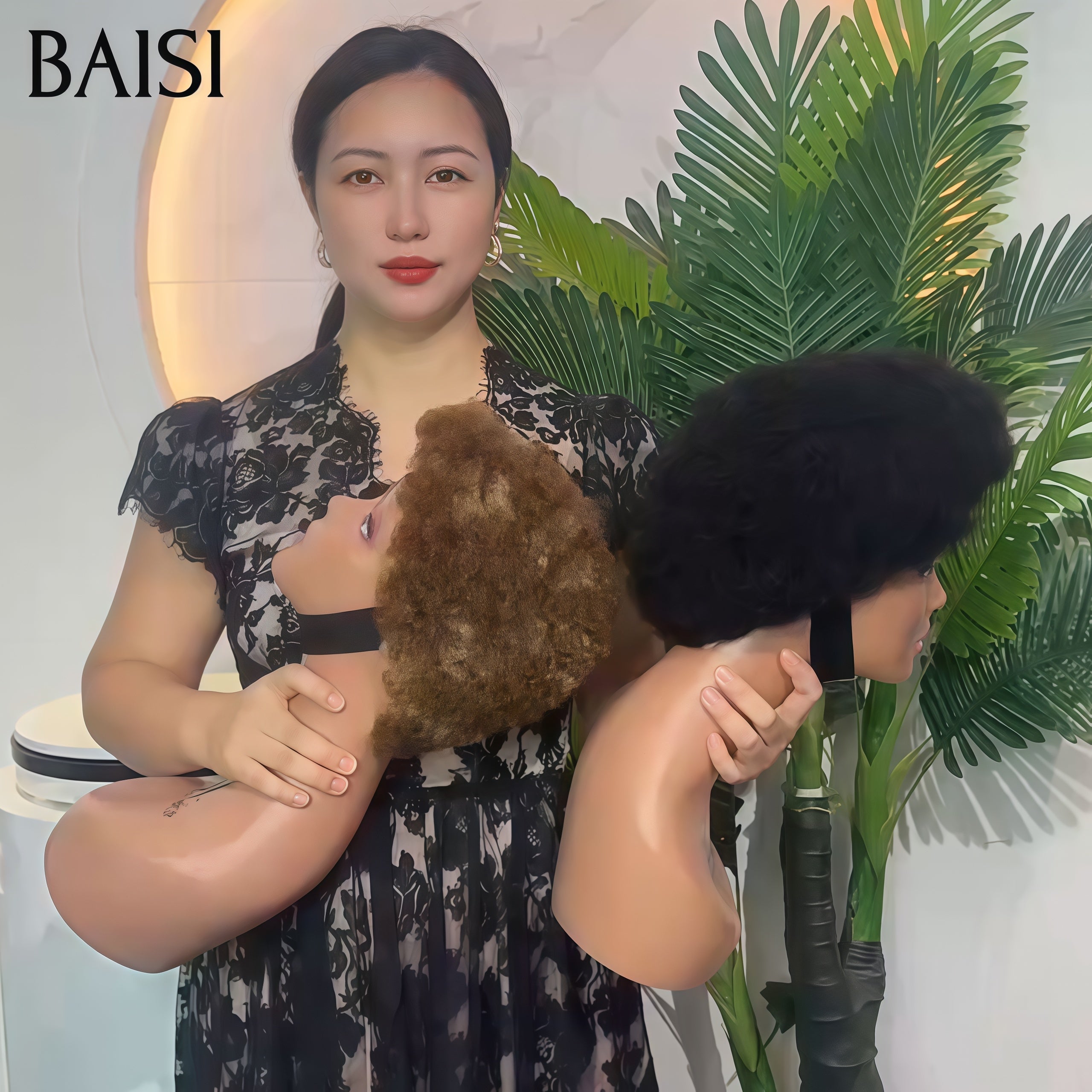 BAISI Grande PROMO 2 perruques 60€ pixie 13X4 lace frontal afro curly en couleur Marron Mixte miel et sans Colle NOIR en 100% vrais cheveux humains