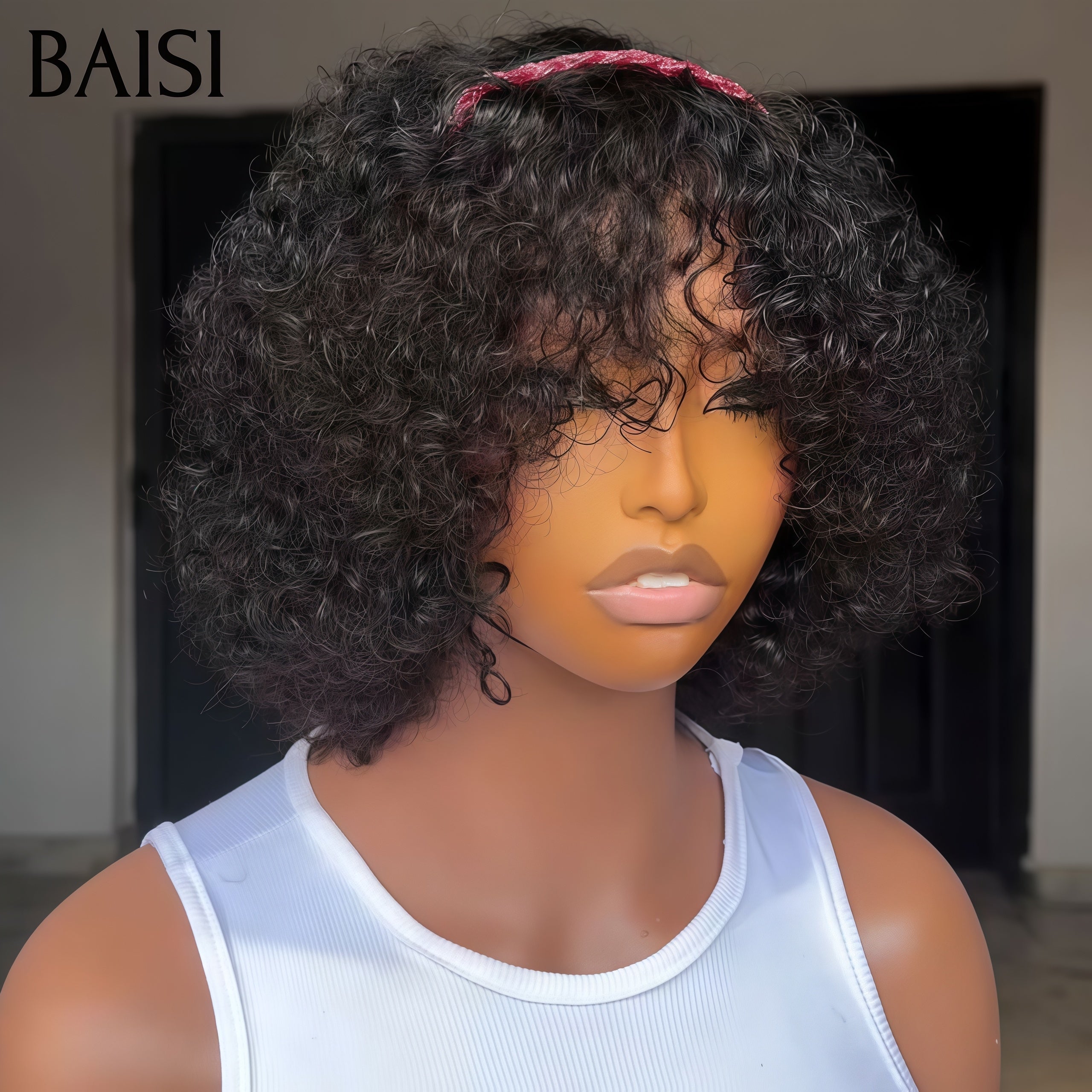 BAISI Perruque 10 pouce 65€ bouclé water Wave sans Colle Fabriqué à la Machine en 100% Cheveux Humains