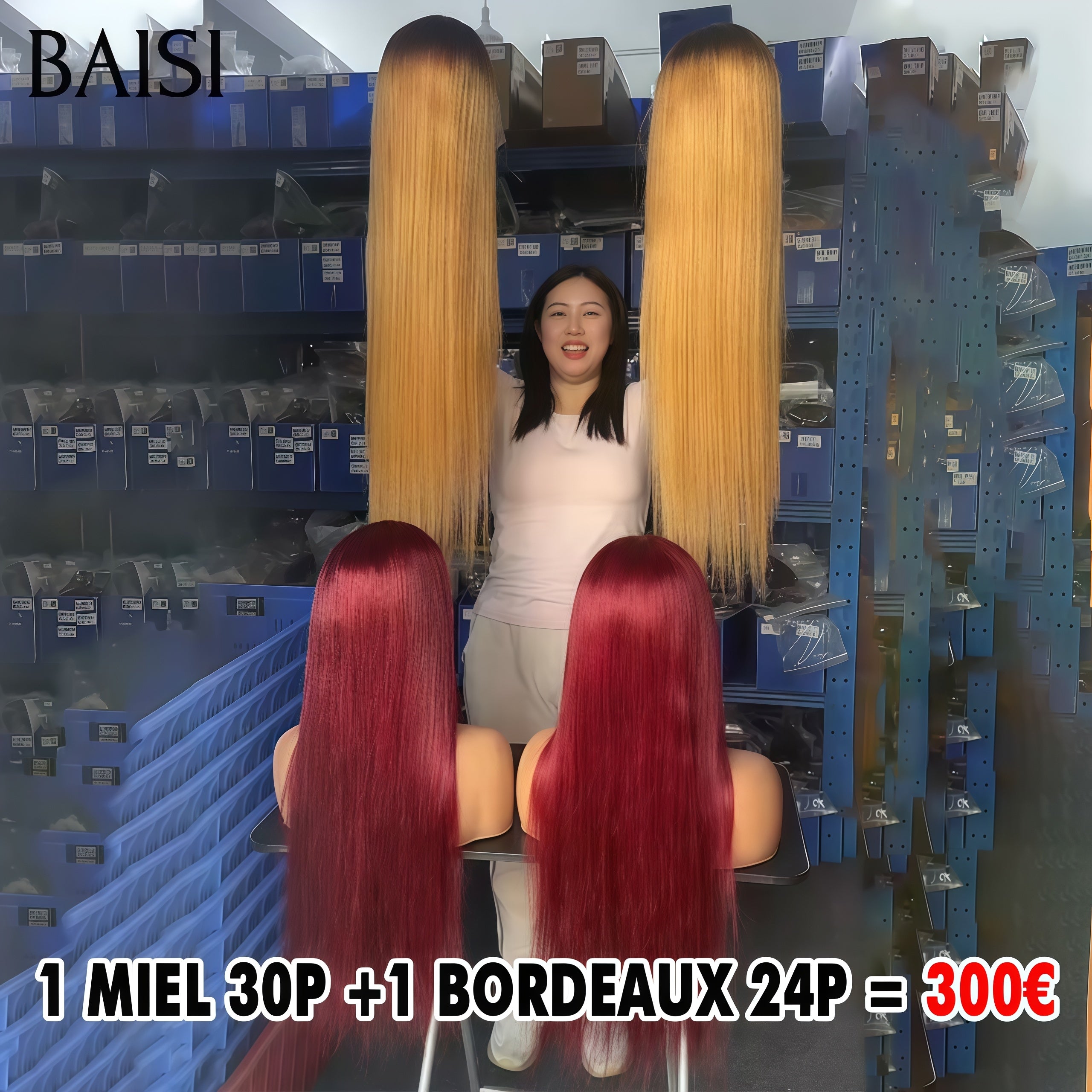 BAISI 2 Perruques 300€ 13x4 lace frontal Lisse 2 couleurs Miel 30 pouces et Bordeaux 24 Pouces en 100% Cheveux Humains