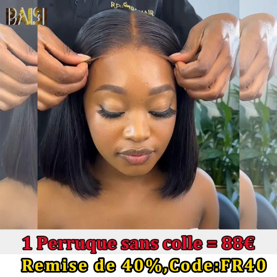 BAISI 4x4 Perruque Bob Lisse 10 Pouce 88€ en Noir Sans Colle Lace déjà couper Facile à Porter en 100% Cheveux Humains D