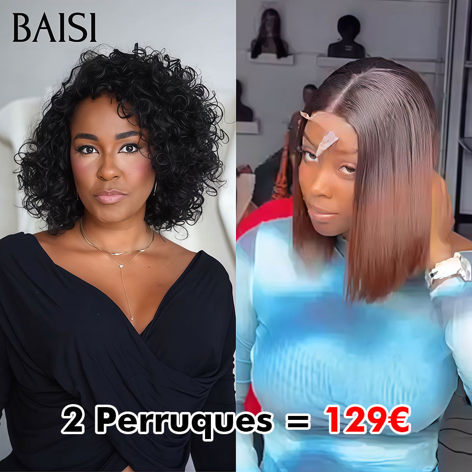 BAISI vente flash 2 perruques 129€ Bob water wave avec Frange 12 Pouces et 4x4 lace Lisse 10 Pouces 1BT4# en 100% vrais cheveux humains FR20