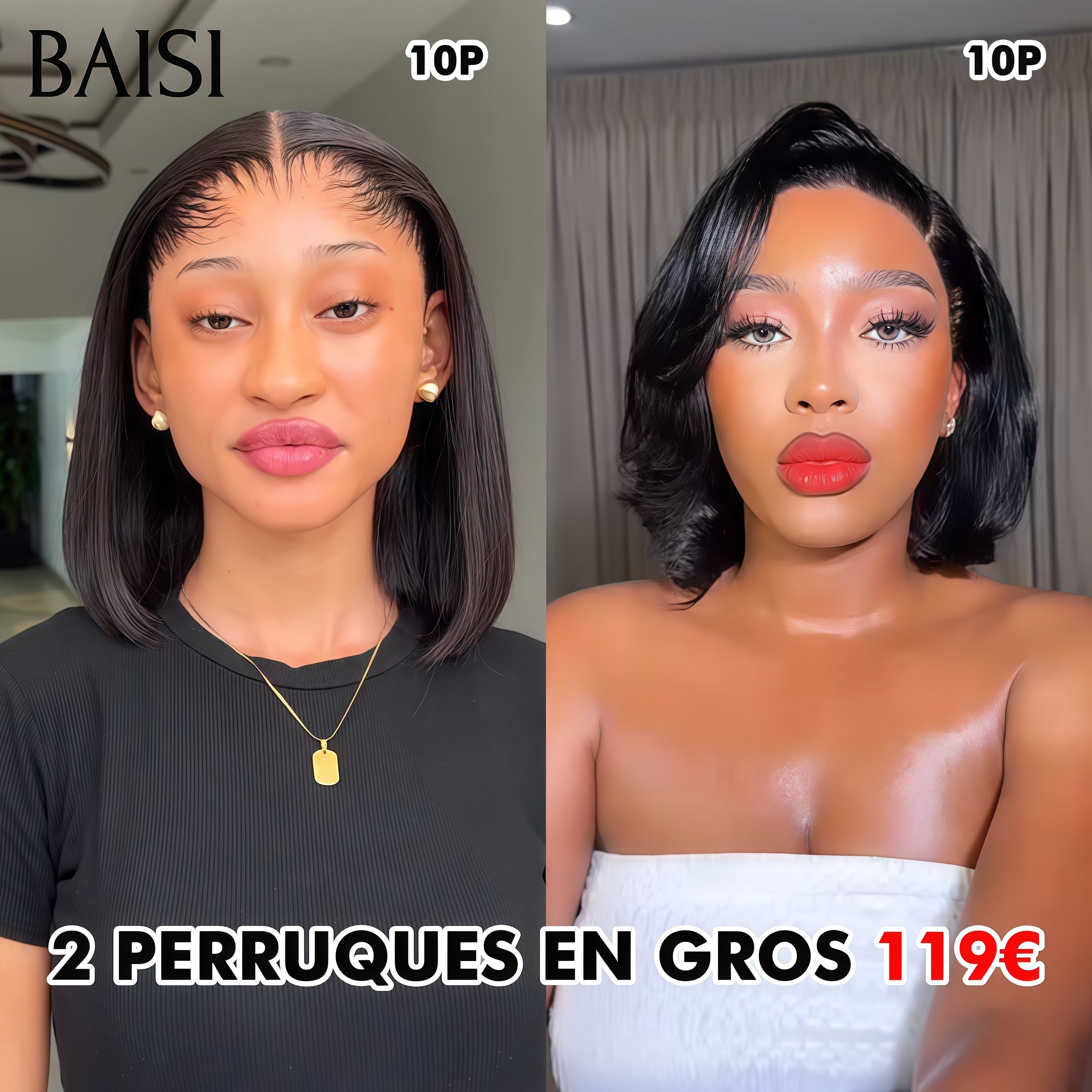 BAISI vente flash 2 perruques 119€ 4x4 lace closure 10 Pouces Body wave et Lisse en 100% vrais cheveux humains Code: VIP100