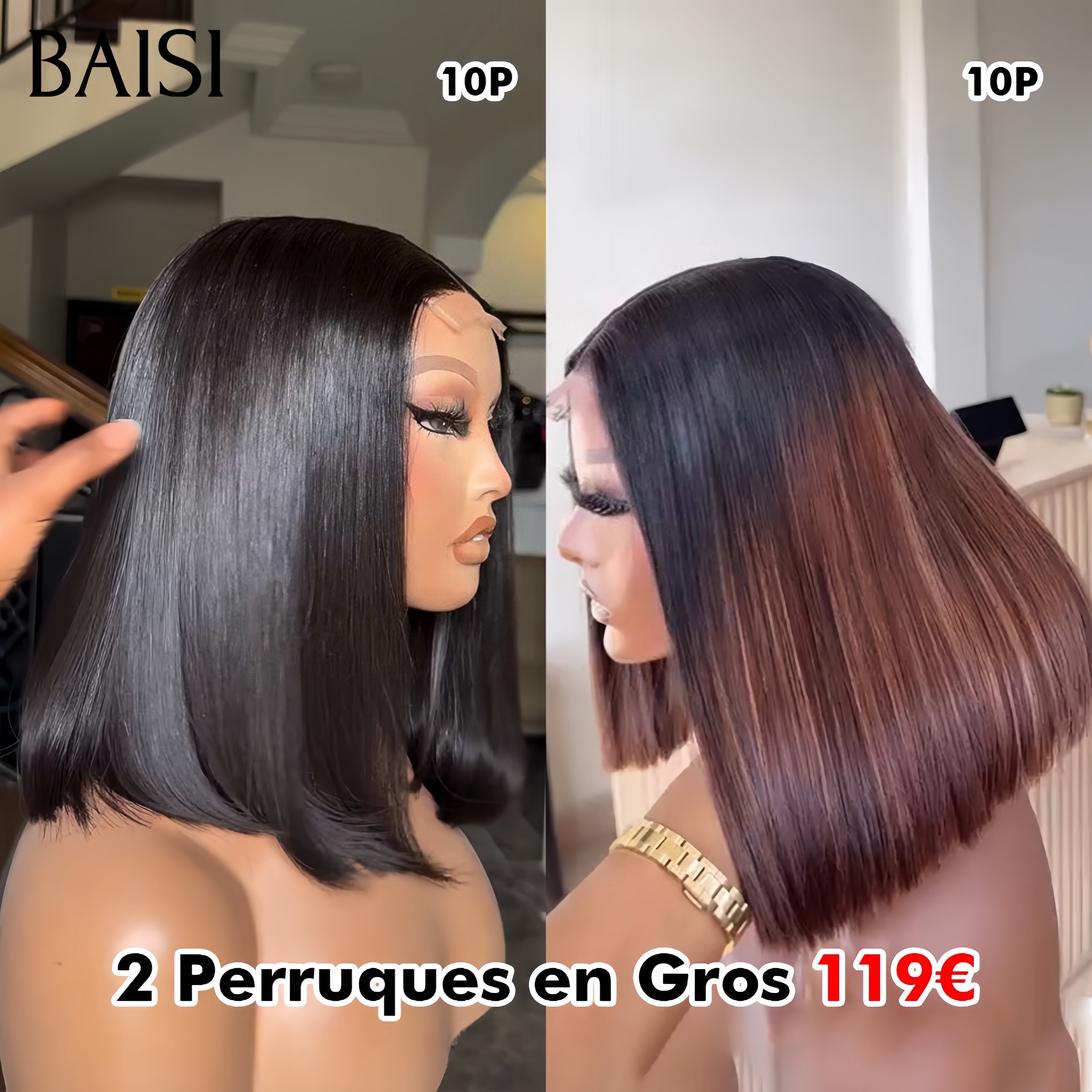 BAISI HAIR FR 2 Perruques en Gros 119€ 4x4 lace closure Lisse BOB 10 Pouces ou Lot De 3 Perruques En Couleur Orange 450€ En 100% Cheveux Humains
