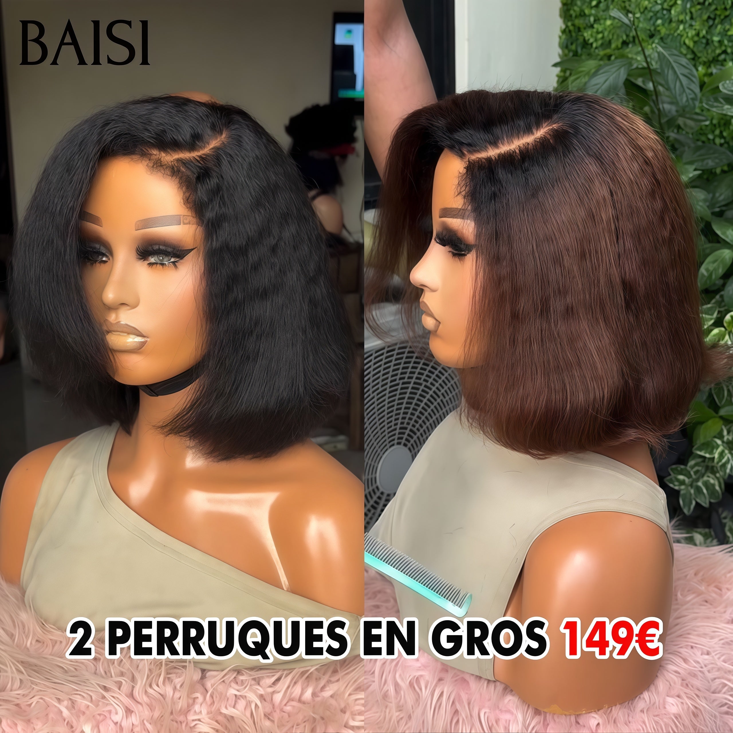 BAISI HAIR FR 2 Perruques en Gros 149€ au Prix D'usine Trop Abordable 13x4 lace frontal kinky straight 10 Pouces Marron et NOIR 100% Cheveux Humains