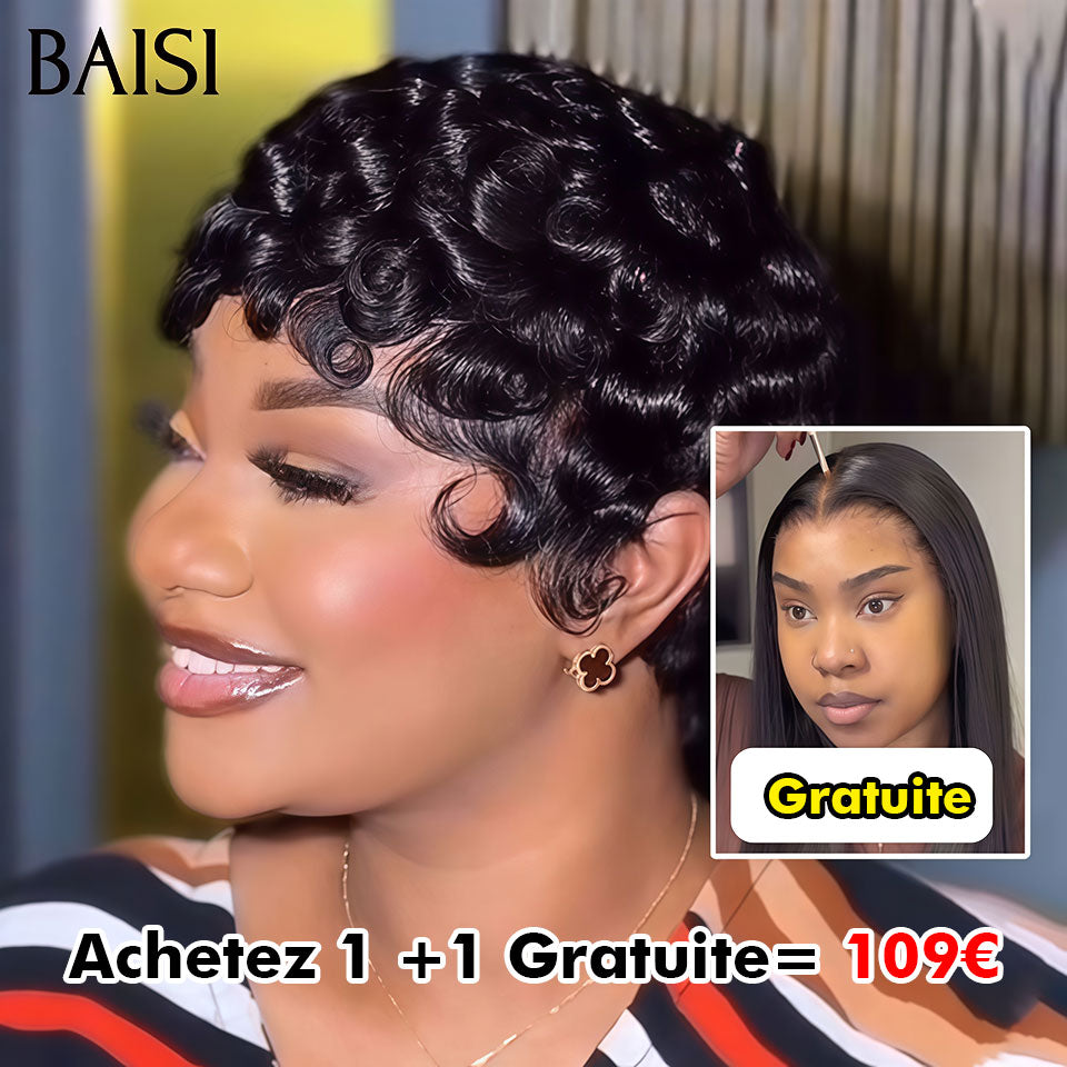 BAISI Achetez 1 +1 Gratuite= 109€ 4x4 lace closure Lisse 18 Pouces et sans Colle pixie finger wave en 100% vrais cheveux humains