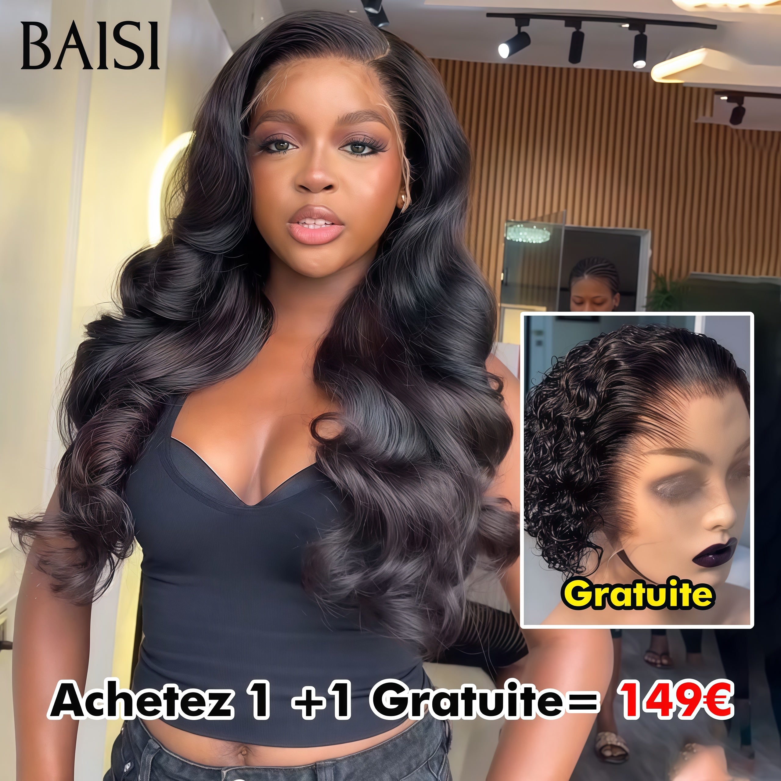 BAISI Achetez 1 + 1 Gratuite = 149€ Perruque 4x4 lace body wave 22 pouces et 13X4 lace frontal curly wave pixie en 100% vrais cheveux humains