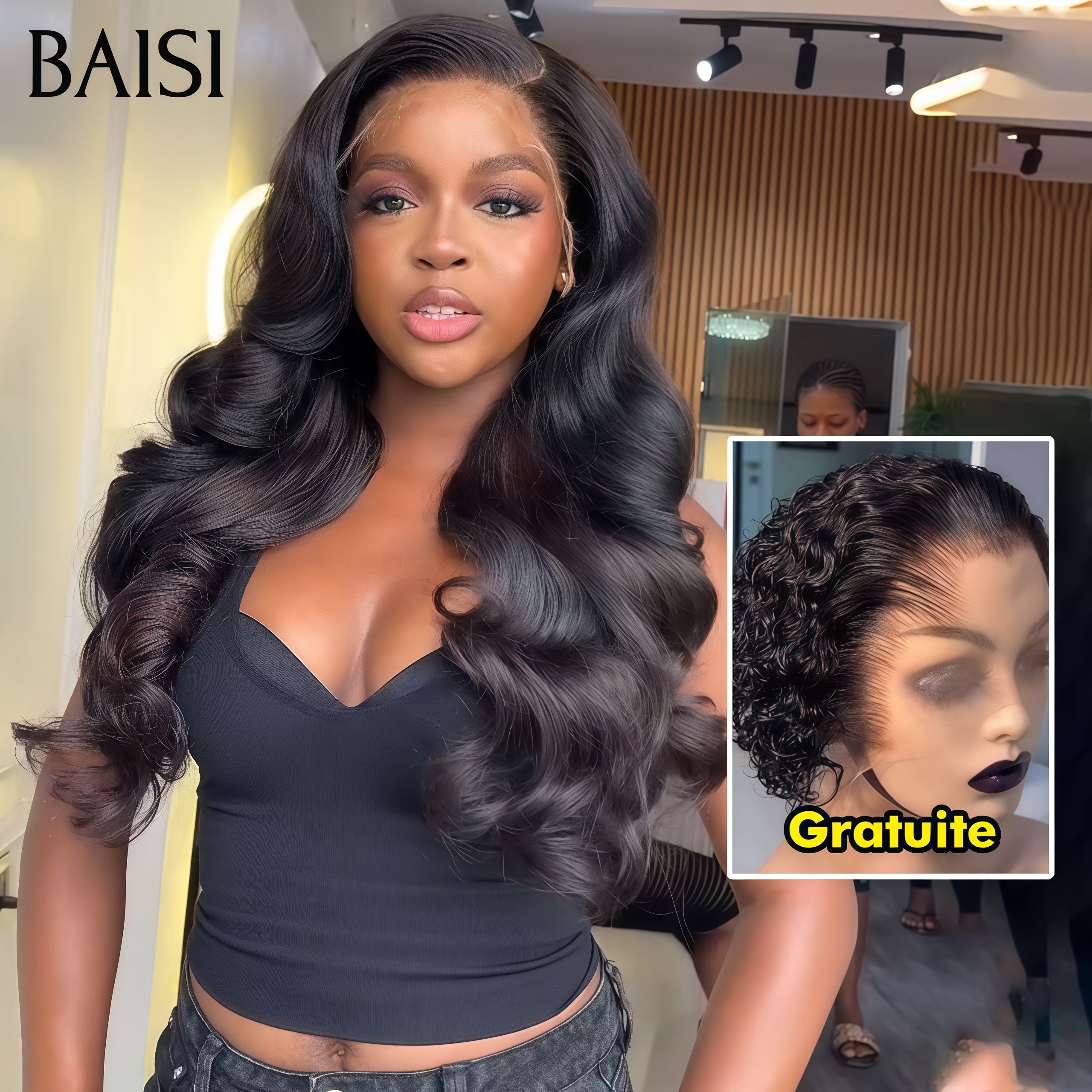 BAISI Achetez 1 + 1 Gratuite = 149€ Perruque 4x4 lace body wave 22 pouces et 13X4 lace frontal curly wave pixie en 100% vrais cheveux humains