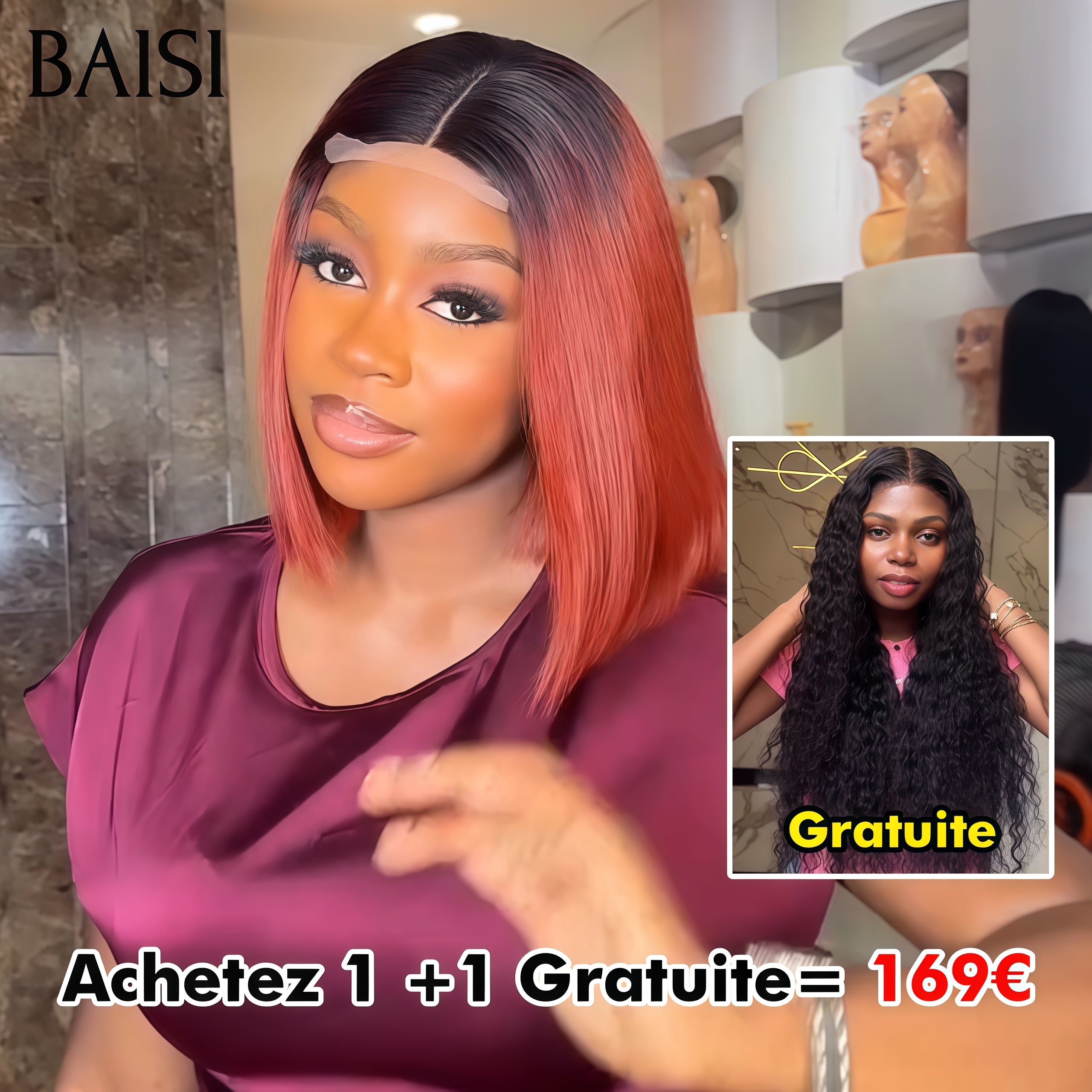 BAISI Achetez 1 +1 Gratuite= 169€ 4x4 Lisse Bob 1BT30# 10 Pouces et 13x4 frontal curly wave 22 Pouces ou Perruque conbinée 3 perruques à bon prix