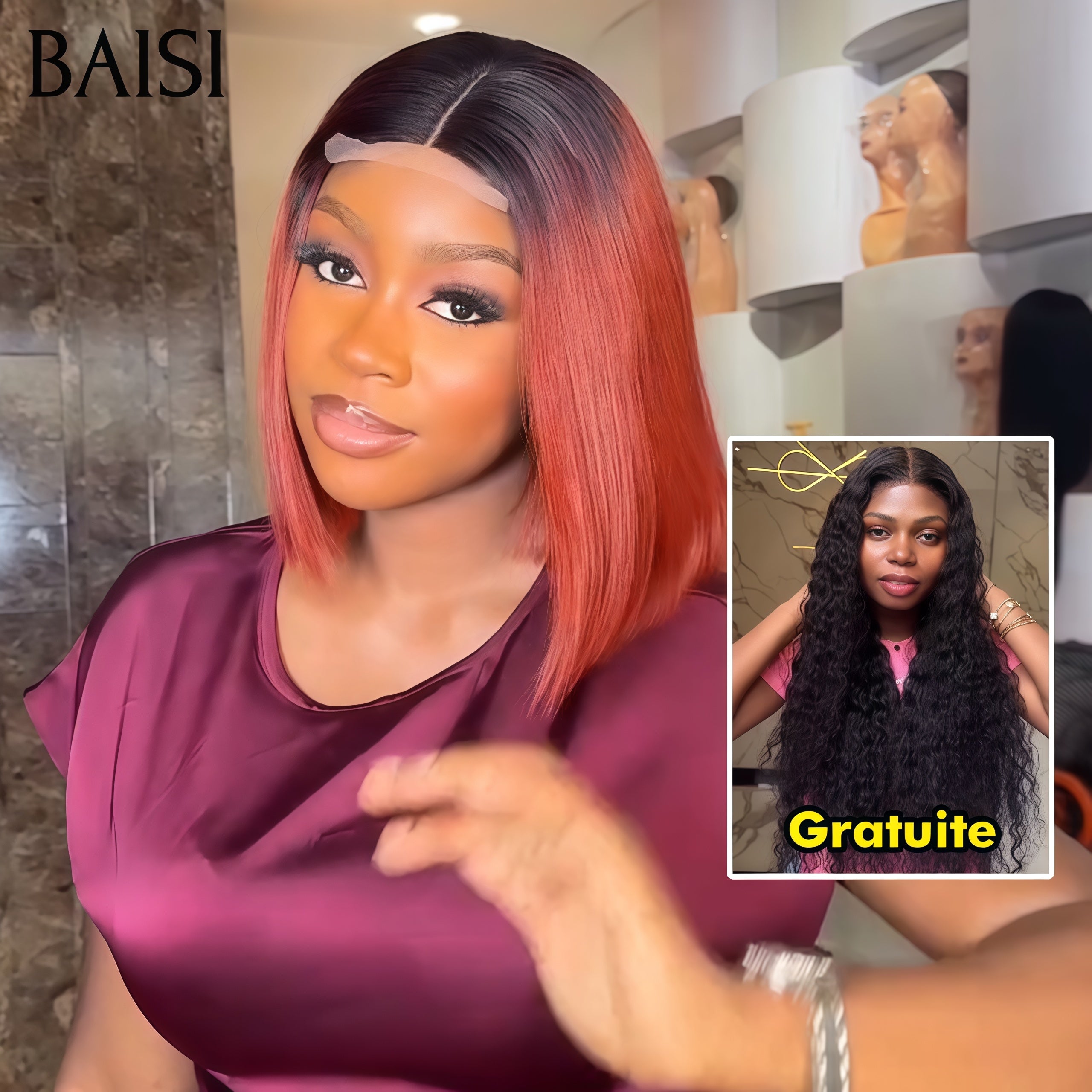 BAISI Achetez 1 +1 Gratuite= 169€ 4x4 Lisse Bob 1BT30# 10 Pouces et 13x4 frontal curly wave 22 Pouces ou Perruque conbinée 3 perruques à bon prix