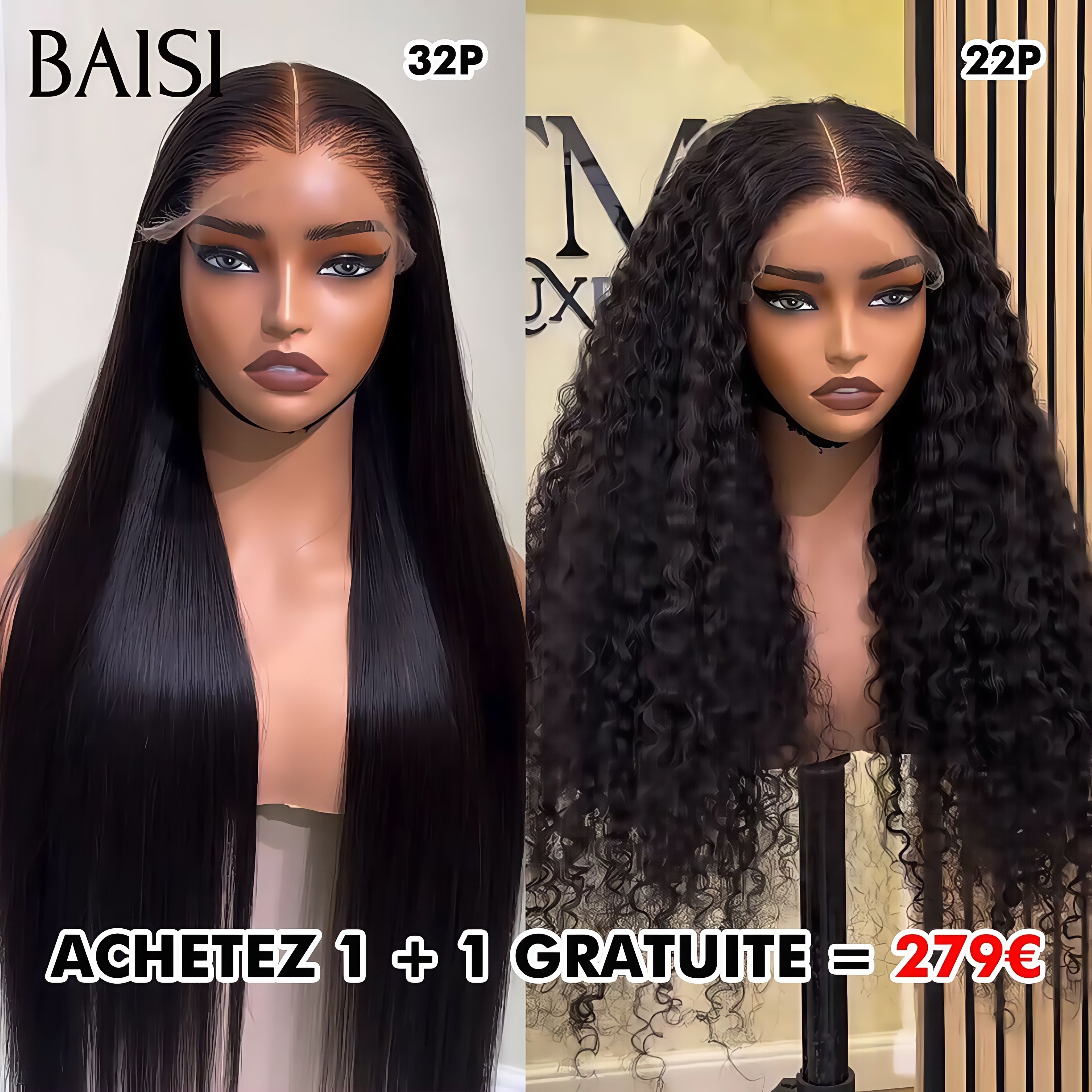 BAISI Achetez 1 +1 Gratuite= 279€ 13X4 lace frontal curly wave 22 pouces et 4x4 lace closure lisse 32 pouces en 100% vrais cheveux humains