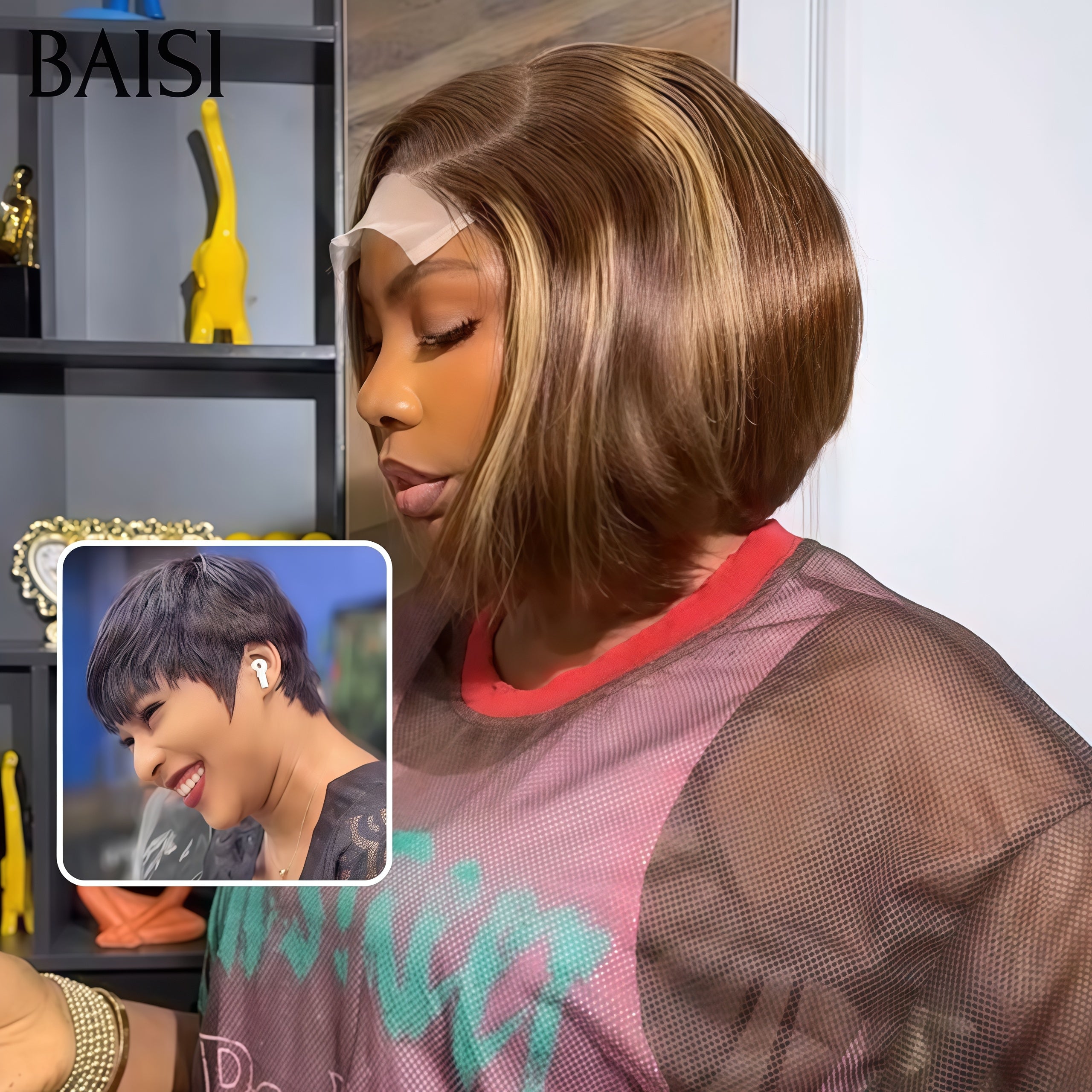 BAISI Achetez 1 +1 Gratuite = 79€ lace closure pixie Lisse en couleur Marron Mixte Miel et sans Colle Lisse NOIR en 100% vrais cheveux humains