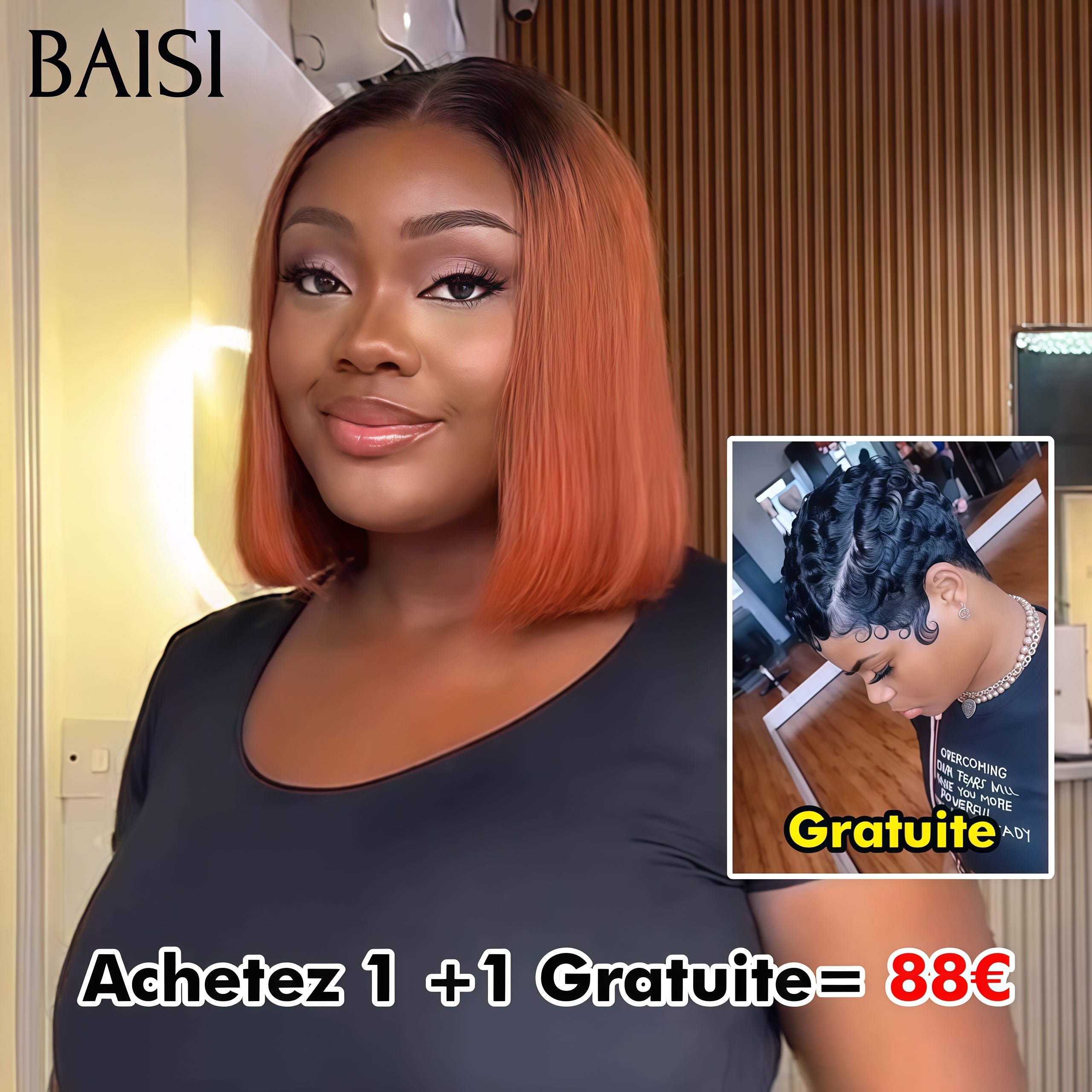BAISI Achetez 1 +1 Gratuite= 88€ 4x4 lace lisse bob 1BT30# 10 pouces et sans lace pixie ou Lisse + curly + san lace Lot de 3 perruques bob en 100% vrais cheveux humains (pas besoin de code)